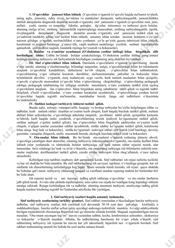 i ishlashini, lekin ularning bir-biri bilan aloqasi yo‘qligini aniqladi. bunday sinfda shunday bir ish topish kerakki, bu ish hamma o‘quvchilarni yagona maqsadga olib borsin. bolalarga bu vazifa mamlakatimizdagi o‘zdeu avtomobil zavodi uchun metallom yig‘ish va jo‘natish shaklida yetkazadi. o‘z mazmuniga ko‘ra juda oddiy bo‘lgan bu topshiriq o‘quvchilarda qiziqish uyg‘otadi, ularda temir-tersak yig‘ishda bir-birlari bilan musobaqalashib, uni tezroq bajarish ishtiyoqini hosil qiladi. boshqa bir sinf rahbari o‘z ishlarini tahlil qilib chiqib, shunday xulosaga keldi sinfda ko‘p ishlarni o‘zi bajaradi, o‘quvchilar esa shaxsiy hayot egalari bo‘lib emas, balki ko‘pincha ishning ijrochilari bo‘lib qoladilar. shuning uchun u o‘quvchilarning tashabbus va mustaqilligini rivojlantirish, barcha o‘quvchilarni sinf ijtimoiy faoliyatiga jalb etish va har bir o‘quvchida o‘ziga yoqadigan ish bo‘lishga erishish vazifasini qo‘ydi. shunday vazifa qo‘ygach, sinf rahbari o‘quvchilarning ko‘pchilik qismini zarur malaka va ko‘nikmalar bilan qurollantirish uchun o‘z diqqat-e'tiborini sinf faollarini tarbiyalashga qaratish kerakligini tushunadi. ana shu tahlitda izchil ish olib borilsa, tarbiyaviy vaziflaar o‘quvchilar …