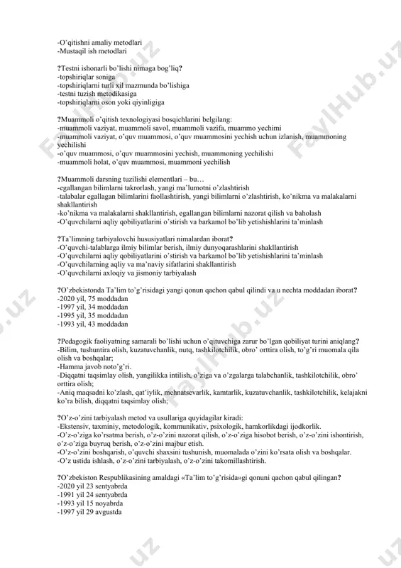 hilarning faoliyati -pedagogik jarayon-inson shaxsini shakllantirishning qaratilgan jarayon -yosh avlodni hayotga, mehnatga tayyorlash uchun xalq oldida davlat oldida javob beradigan, ta’lim-tarbiya berishda maxsus tayyorlangan odamlarining mehnat faoliyati -bolalarga ta’lim-tarbiya berishga maxsus tayyorlangan shaxslar ?tarbiya metodlarini klassifikasiyalash qaysi javobda to’g’ri berilgan? -ijtimoiy ongni shakllantirish, ijtimoiy xulq-atvor normalarini shakllantirish va faoliyatni tashkil etish, pag’batlantirish va jazolash, o’z-o’zini tarbiyalash -ijtimoiy xulq-atvor normalarini shakllantirish va faoliyatni tashkil etish, suhbat, disput, leksiya, shaxsiy namuna -suhbat, kuzatish, anketa, ilmiy amaliyotdan o’tkazish, reyting -ijtimoiy xulq-atvor normalarini shakllantirish va faoliyatni tashkil etish, og’zaki, ko’rgazmali, amaliy topishmoq, pedagogik talab, maqtash, jazolash ?o’qitishning texnik vositalaridan foydalanish metodlari qaysi metodlar guruhiga kiradi? -o’qitishni og’zaki bayon qilish metodi -o’qitishning ko’rgazamlilik metodlari -o’qitishni amaliy metodlari -mustaqil ish metodlari ?testni ishonarli bo’lishi nimaga bog’liq? -topshiriqlar soniga -topshiriqlarni turli xil mazmunda bo’lishiga -testni tuzish metodikasiga -topshiriqlarni oson yoki qiyinligiga ?muammoli o’qitish texnologiyasi bosqichlarini belgilang: -muammoli vaziyat, muammoli savol, muammoli vazifa, muammo yechimi -muammoli vaziyat, o’quv …