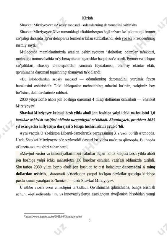 cha bo’lgan muddat ichida 4200 dollarga yetkazishni o’z oldiga maqsad qilib qo’yganligi haqida xabar berilgan edi. https://www.gazeta.uz/uz/2021/05/28/gdp-per-capita/ 5 1. asosiy faoliyatdan olinadigan daromadlar tarkibi va ularni auditorlik tekshiruvidan o’tkazishning zarurligi. korxonalarda mahsulot, ishlar va xizmatlar sotishdan olingan yalpi foydadan tashqari asosiy faoliyatdan olinadigan boshqa daromadlar ham bo’lishi mumkin. bunday daromadlar kelib tushish manbalariga qarab quyidagi: 9310-«asosiy vositalarning chiqib ketishdan foyda», 9320 «boshqa aktivlarnining chiqib ketishdan foyda», 9330- «undirilgan jarima, penya va ustamalar», 9340-«o’tgan yillar foydalari», 9350-«qisqa muddatli ijaradan daromadlar», 9360- «kreditor va deponent qarzlarni hisobdan chiqarishdan daromadlar», 9370-«хizmat ko’rsatuvchi xo’jaliklar daromadlari», 9380- «тekin moliyaviy yordam», 9390-«boshqa operatsion daromadlar» schyotlarda hisobga olinadi. bular tranzit schyotlar bo’lib, passiv schyotlarga mansub. yuqoridagi schyotlarning kredit oboroti tegishli manbalar hisobidan foyda (daromad) ning ko’payishi, debet aylanmasi esa ularning hisobdan chiqarilishini ko’rsatadi va hisobot davri boshiga qoldig’i qolmaydi. asosiy faoliyatdan olinadigan boshqa daromadlarning shakllanishi milliy standat bilan tartibga keltiriladi.2 9310-«asosiy vositalarning chiqib ketishidan foyda» schyotida asosiy …