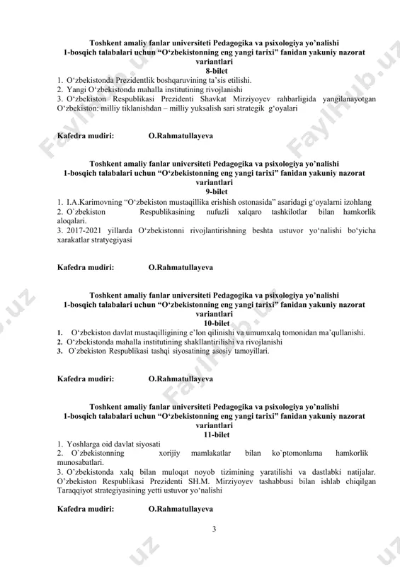 uksalish sari strategik g‘oyalari kafedra mudiri: o.rahmatullayeva toshkent amaliy fanlar universiteti pedagogika va psixologiya yo’nalishi 1-bosqich talabalari uchun “o‘zbekistonning eng yangi tarixi” fanidan yakuniy nazorat variantlari 9-bilet 1. i.a.karimovning “o‘zbekiston mustaqillika erishish ostonasida” asaridagi g‘oyalarni izohlang 2. o`zbekiston respublikasining nufuzli xalqaro tashkilotlar bilan hamkorlik aloqalari. 3. 2017-2021 yillarda o‘zbekistonni rivojlantirishning beshta ustuvor yo‘nalishi bo‘yicha xarakatlar stratyegiyasi kafedra mudiri: o.rahmatullayeva toshkent amaliy fanlar universiteti pedagogika va psixologiya yo’nalishi 1-bosqich talabalari uchun “o‘zbekistonning eng yangi tarixi” fanidan yakuniy nazorat variantlari 10-bilet 1. o‘zbekiston davlat mustaqilligining e’lon qilinishi va umumxalq tomonidan ma’qullanishi. 2. o‘zbekistonda mahalla institutining shakllantirilishi va rivojlanishi 3. o`zbekiston respublikasi tashqi siyosatining asosiy tamoyillari. kafedra mudiri: o.rahmatullayeva toshkent amaliy fanlar universiteti pedagogika va psixologiya yo’nalishi 1-bosqich talabalari uchun “o‘zbekistonning eng yangi tarixi” fanidan yakuniy nazorat variantlari 11-bilet 1. yoshlarga oid davlat siyosati 2. o`zbekistonning xorijiy mamlakatlar bilan ko`ptomonlama hamkorlik munosabatlari. 3. o’zbekistonda xalq bilan muloqat noyob tizimining yaratilishi va dastlabki natijalar. …