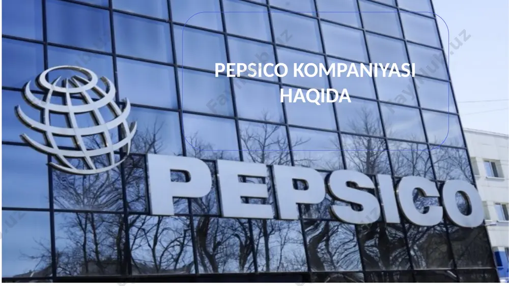 a suv va energiya iste’molini kamaytirishga katta e’tibor beriladi. barqaror rivojlanish: pepsico ekologik barqarorlikni ta’minlashga alohida urg‘u beradi. kompaniya plastmassalarni qayta ishlash, ishlab chiqarish jarayonida suv va energiya resurslarini tejash, shuningdek, chiqindilarni minimallashtirish bo‘yicha dasturlarni yo‘lga qo‘ygan. 5 strategik rivojlanish va innovatsiyalar: kompaniya tashkilotchilari caleb bradham – pepsi ichimligi asoschisi т donald m. kendall – pepsico kompaniyasining ham asoschisi herman w. lay – frito-lay asoschisi 6 6 pepsico kompaniyasi brendlari pepsico turli brendlar portfeliga ega bo‘lib, har bir brendi o‘z segmentida yetakchi hisoblanadi. ushbu brendlar quyidagi to‘rt asosiy kategoriya bo‘yicha taqsimlangan: 7 gazlangan va gazlanmagan ichimliklar achchiq va yog‘siz atıştırmalıklar sog‘lom oziq-ovqat va sharbatlar snacks va atıştırmalıklar 7 gazlangan va gazlanmagan ichimliklar: pepsi: koka-kola bilan to‘g‘ridan-to‘g‘ri raqobatchi hisoblangan klassik kola ichimligi. mountain dew: energetik va lazzatli ichimlik, ko‘proq yoshlarga yoqadigan ta’m. gatorade: sportchilar uchun mo‘ljallangan elektrolitga boy ichimlik. aquafina: paketlangan suv, jahon bozorida tanilgan. snacks va atıştırmalıklar: lay's: turli xil …
