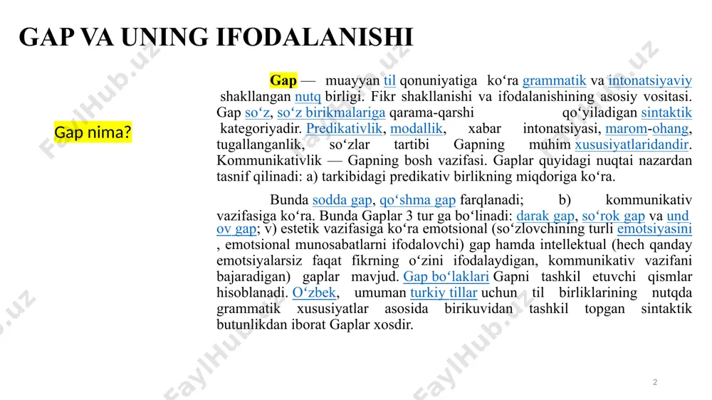 l, qalbaki do‘stlik – tuz qo‘shilgan asal. (maqol). gaplar tuzilish jihatdan ikki guruhga bo‘linadi: 4 gap va uning ifodalanishi 1. darak gap — darak gapda bo‘lib o‘tgan, bo‘layotgan yoki bo‘lishi kutilayotgan voqea-hodisa haqida xabar beriladi. shuningdek, bunday gaplar orqali narsa yoki hodisada biror xususiyatning mavjudligi yoki mavjud emasligi tasdiq yoxud inkor yo‘li bilan ifodalanadi. darak gap xabar ohangi bilan aytiladi. gapning bosh qismida ohang bir oz ko‘tarilib, keyingi qismida pasaya boradi. tovush tempi o‘rtacha bo‘ladi. mantiq urg‘usini olgan so‘z gap tarkibidagi boshqa so‘zlarga nisbatan yuqori ohang bilan aytiladi. urg‘uli bo‘lak o‘zidan oldingi bo‘lakdan qisqa pauza bilan ajratilib, tezroq talaffuz etiladi. darak gaplar tarkibidagi bo‘laklarning joylashish tartibi odatdagi tartib sanaladi. darak gapning kesimi darak xarakteridagi fe’llar bilan ifodalanib, so‘roq, buyruq va undov xususiyatlaridan xoli bo‘ladi. darak gapning kesimi fe’ldan boshqa so‘z turkumlari bilan ham ifodalanishi mumkin. misollar: jahongir universitetning huquqshunoslik fakultetini bitirdi. uning ukasi chet tillar institutining ingliz filologiyasi fakultetida tahsil …