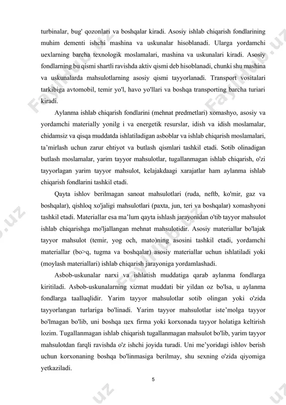 rdamlashadi. asbob-uskunalar narxi va ishlatish muddatiga qarab aylanma fondlarga kiritiladi. asbob-uskunalarning xizmat muddati bir yildan oz bo'lsa, u aylanma fondlarga taalluqlidir. yarim tayyor mahsulotlar sotib olingan yoki o'zida tayyorlangan turlariga bo'linadi. yarim tayyor mahsulotlar iste’molga tayyor bo'lmagan bo'lib, uni boshqa цех firma yoki korxonada tayyor holatiga keltirish lozim. tugallanmagan ishlab chiqarish tugallanmagan mahsulot bo'lib, yarim tayyor mahsulotdan farqli ravishda o'z ishchi joyida turadi. uni me’yoridagi ishlov berish uchun korxonaning boshqa bo'linmasiga berilmay, shu sexning o'zida qiyomiga yetkaziladi. kelajakdagi xarajatlarga alohida to'xtalish lozim. bu xarajatlar yangi mahsulotlarni tayyorlashdagi xarajatlar bo'lib, keyinchalik ishlab chiqarish xarajatlari jumlasiga kiritiladi. ishchi kuchini tadbirkor e’lon, mehnat birjasi, ishga joylash agentligi, tanish-bilishlar orqali topadi. ishga olishda nomzodning ma’lumoti, mutaxassisligi, ish tajribasi, shaxsiy xususiyatiari hisobga olinadi. so'ngra tadbirkor moddiy, moliyaviy, mehnat resurslari, tayyorlanadigan mahsulotlarni sotish bozori haqida axborot to'playdi. moliyaviy mablag ga bo'lgan talab va uning hisobi. tadbirkorlik bitimini tuzish moliyaviy xarajatlar bilan bog'liq. ishlab chiqarish va tadbirkorlik …