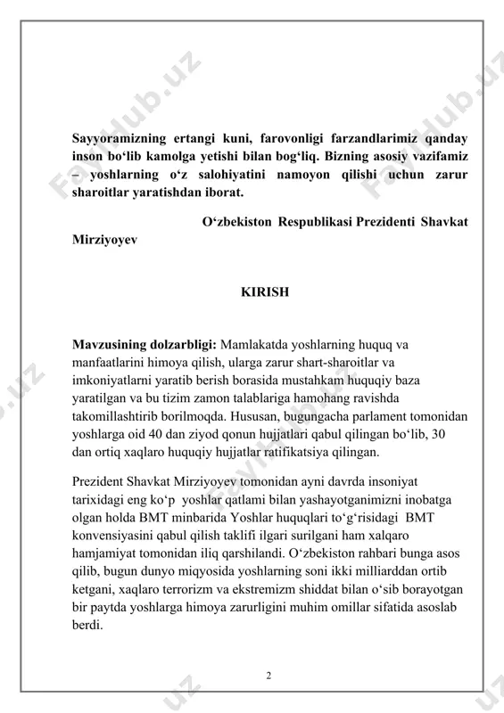 ellektual salohiyatli, o‘z qat’iy pozitsiyasiga ega, yurtda amalga oshirilayotgan islohotlarga befarq bo‘lmagan, yurtning ertangi munosib kelajagi uchun daxldorlikka tayyor, maqsadga intiluvchan, serg‘ayrat, vatanparvar, sadoqatli, komil shaxslar sifatida tarbiyalash o‘zbekistonni dunyoning eng rivojlangan davlatlari safidan o‘rin olishining muhim omili ekanini mamlakat rahbari va hukumat yaxshi anglaydi. alohida ta’kidlash joiz, «2017–2021-yillarda o‘zbekiston respublikasini rivojlantirishning beshta ustuvor yo‘nalishi bo‘yicha harakatlar strategiyasi»da ham bu masala alohida o‘z aksini topdi. jumladan, yoshlarning huquqlarini himoya qilishga qaratilgan quyidagi ustuvor vazifalar belgilandi: birinchidan, jismonan sog‘lom, ruhan va aqlan rivojlangan, mustaqil fikrlaydigan, vatanga sodiq, qat’iy hayotiy nuqtayi nazarga ega yoshlarni tarbiyalash, demokratik islohotlarni chuqurlashtirish va fuqarolik jamiyatini rivojlantirish jarayonida ularning ijtimoiy faolligini oshirish; ikkinchidan, o‘rta maxsus, kasb-hunar va oliy ta’lim muassasalari bitiruvchilarini ishga joylashtirish hamda xususiy tadbirkorlik sohasiga jalb etish; uchinchidan, yosh avlodning ijodiy va intellektual salohiyatini qo‘llab-quvvatlash va ro‘yobga chiqarish, bolalar va yoshlar o‘rtasida sog‘lom turmush tarzini shakllantirish, ularni jismoniy tarbiya va sportga keng jalb etish. o‘zbekiston …