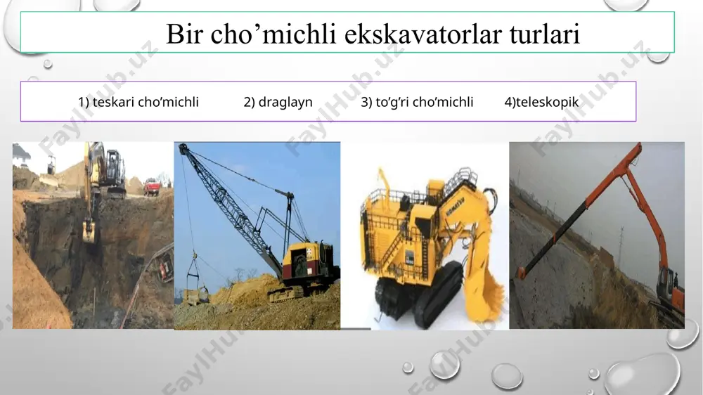 shlov berilayotgan grunt turiga, uning namligiga, qazilma chuqurligiga, cho‘mich sig‘imiga, ishchi asbob-uskuna turiga va mashina haydovchisi malakasiga bog‘liq. malakasi yuqori bo‘lgan mexanizator tomonidan yengil gruntga ishlov berilganda kt = 0,95-1,20 ga teng bo‘ladi. qurilish sharoitida bir cho‘michli ekskavatorlarni bir soatlik ish vaqtidan foydalanish koeffitsiyenti 0,92-0,96; smenalik ish vaqtidan foydalanish koeffitsiyenti esa 0,75-0,85 ga; gruntni tashish vositasiga ortgan taqdirda esa kv = 0,65-0,75 ga teng bo‘ladi. bir cho‘michli ekskavatorlarni bir daqiqada bajaradigan davralar soni ekskavatorning konstruktiv xususiyatiga, grunt sharoitiga, qazilma shakli va o‘lchamlariga bog‘liq holda quyidagi ifoda yordamida hisoblanadi: n = 60 / tts, dona. bu yerda: tts – bir davraning davomiyligi, soniya. teleskopik bir cho’michli ekskavatorlarini qo’llab yer ishlarini bajarish ekskavator bir davrasining davomiyligi quyidagicha aniqlanadi: tts = tk + tb + tt + t′b, soniya. bu yerda: tk – cho‘michni to‘ldirish uchun ketadigan vaqt, soniya; tb – to‘kish uchun burilishga ketadigan vaqt, soniya; tt – to‘kish uchun ketadigan vaqt, …