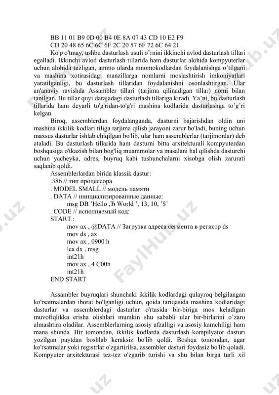agar 40-yillarning oxirida tsuzening yutuqlari amaliyotga tadbiq etilganida va boshqa olimlar ham udan foydlalana olganlarida, dasturlashning rivojlanishi qanchalik tezlashishi noma'lum, ammo amalda kompyuter texnologiyalarining rivojlanishi bilan dastlab mashina tili keng tarqaldi. mashina tilida dastur yozuvi nol va birlardan iborat edi. mashina tili odatda birinchi avlod dasturlash tili hisoblanadi (turli ishlab chiqaruvchilarning turli xil mashinalari turli xil kodlardan foydalangan, bu esa bir kompyuter uchun yozilgan dasturni boshqa kompyuterda ham ishlatish uchun dasturni qayta yozishni talab qilgan). “hello world!" dasturi x86 arxitekturali protsessori uchun quyidagicha ko’rinishda bo’lgan (o'n oltilik ko'rinishda): bb 11 01 b9 0d 00 b4 0e 8a 07 43 cd 10 e2 f9 cd 20 48 65 6c 6c 6f 2c 20 57 6f 72 6c 64 21 ko'p o'tmay, ushbu dasturlash usuli o’rnini ikkinchi avlod dasturlash tillari egalladi. ikkinchi avlod dasturlash tillarida ham dasturlar alohida kompyuterlar uchun alohida tuzligan, ammo ularda mnomokodlardan foydalanishga o’tilgani va mashina xotirasidagi manzillarga nomlarni …