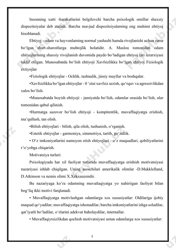 azovor bo‘lish ehtiyoji - kompitentlik, muvaffaqiyatga erishish, ma’qullash, tan olish. bilish ehtiyojlari - bilish, qila olish, tushunish, o‘rganish. estetik ehtiyojlar - garmoniya, simmetriya, tartib, go‘zallik. o‘z imkoniyatlarini namoyon etish ehtiyojlari - o‘z maqsadlari, qobiliyatlarini ro‘yobga chiqarish. 1.2. o‘zini o‘zi tarbiyalash - o‘zini o‘zi boshqarish usullari o‘z-o‘zini tarbiyalash nima? biror kishi, har qanday vaqtda o‘z kuchi, mahorati va qat’iyati bilan erishgan narsalar har doim qimmatli bo‘lgan. shaxsiyatni shakllantirishda o‘z-o‘zini boshqarishning roli juda katta ahamiyatga ega: insonni o‘ziga xos va individual ovozda dunyoga ochib berish. o‘z-o‘zini tarbiyalash - bu nima? o‘z-o‘zini tarbiyalash - bu insonning tabiatan beradigan potentsialini maqsadga muvofiq va mustaqil ravishda amalga oshirishga bo‘lgan ongli intilishi. to‘liq amalga oshirish uchun o‘zingizning chuqur bilimingiz, shaxsiy fazilatlaringizni takomillashtirish, zarur ko‘nikmalarni rivojlantirish, tanqidiy fikrlash qobiliyatini oshirish kerak. o‘z-o‘zini tarbiyalash - bu masala qadimgi tarixdan boshlab yozuvchilar, faylasuflar, pedagoglar, psixologlar tomonidan chuqur o‘rganilgan. o‘z-o‘zini tarbiyalash psixologiyasi psixologlar inson qalbi rivojlanishining asosiy omili ekanligi aytiladi. …