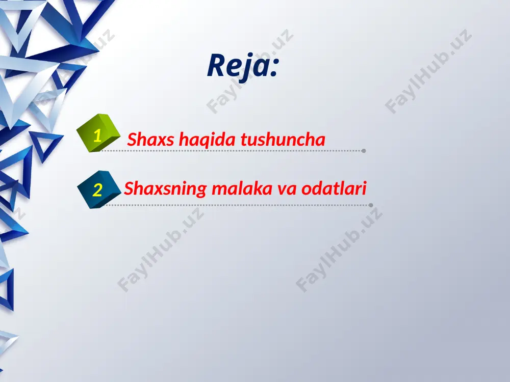 ish, ovqatlanish, ozoda yurish kabilar. odatlar ijobiy va salbiy bo`ladi. salbiy odatlarga yolg`on gapirish, ichish, chekish kabilar kiradi. malaka va odatlarning nerv - fiziologik asoslarini shartli reflekslarning hosil bo`lish mexanizmi tashqil qiladi. bu shartli refleks oddiy emas, balki dinamik stereotip tarzidagi, ya`ni takrorlash natijasida mustahkamlangan shartli reflekslar birlashmasidan iborat. masalan, bolalar bog`chaga o`rganguncha qiynaladi, chunki uydagi sharoitga ularda dinamik stereotip bo`ladi. yangi hosil qilinadigan malakalar ilgari hosil qilinadigan malakalarga bog`liq bo`ladi. ilgarigi malakalar ijobiy ta`sir qilsa malakalarning kuchayishi ko`zatiladi. masalan, chet tillardan birontasini o`rgangan odam boshqa bir chet tili o`rganishda qiynalmaydi. agar ilgarigi malaka salbiy ta`sir qilsa malakalar interferentsiyasi deyiladi. masalan, bir sohada ishlagan odam butunlay boshqa sohaga o`tsa qiynaladi. shaxs shug`ullanayotgan ishi bilan uzoq vaqt shug`ullanmasa malakalar sunish hodisasi ko`zatiladi. buni malakalarning deavtomatizatsiyasi deyiladi. malakalarning hosil bo`lish tezligi va mustahkamlanishi odamning yoshiga bog`liq. masalan, til o`rganish 4 - 5 yoshda tez o`rganiladi. hunar egallash 12 - 13 yoshda tez …