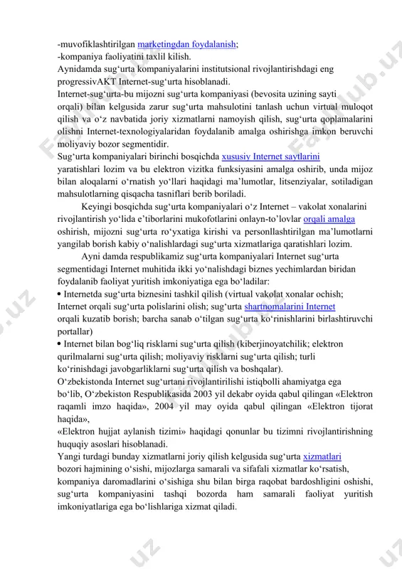 motlarni o‘z vaqtida va aniq kiritish; ma’lumotlar integratsiyasini amalga oshirish; ma’lumotlarni interpretatsiya qilishning soddaligi; ma’lumotlar mutanosibligi; axborotlardan hamkorlikda foydalanish. sug‘urtachilar businessintelligence turidagi dasturiy mahsulotlar yordamida quyidagi ko‘rinishdagi jarayonlarni amalga oshirib, bu ularga turli vaziyatlardagi risklarni oldindan aniqlash va boshqarishga imkon beradi: - manfaatlimijozlarnisaralabolish; -bulibutganyukotishlarnitaxlilkilish; -moskelishliknitaxlilkilish; -muvofiklashtirilgan marketingdan foydalanish; -kompaniya faoliyatini taxlil kilish. aynidamda sug‘urta kompaniyalarini institutsional rivojlantirishdagi eng progressivakt internet-sug‘urta hisoblanadi. internet-sug‘urta-bu mijozni sug‘urta kompaniyasi (bevosita uzining sayti orqali) bilan kelgusida zarur sug‘urta mahsulotini tanlash uchun virtual muloqot qilish va o‘z navbatida joriy xizmatlarni namoyish qilish, sug‘urta qoplamalarini olishni internet-texnologiyalaridan foydalanib amalga oshirishga imkon beruvchi moliyaviy bozor segmentidir. sug‘urta kompaniyalari birinchi bosqichda xususiy internet saytlarini yaratishlari lozim va bu elektron vizitka funksiyasini amalga oshirib, unda mijoz bilan aloqalarni o‘rnatish yo‘llari haqidagi ma’lumotlar, litsenziyalar, sotiladigan mahsulotlarning qisqacha tasniflari berib boriladi. keyingi bosqichda sug‘urta kompaniyalari o‘z internet – vakolat xonalarini rivojlantirish yo‘lida e’tiborlarini mukofotlarini onlayn-to’lovlar orqali amalga oshirish, mijozni sug‘urta ro‘yxatiga kirishi …