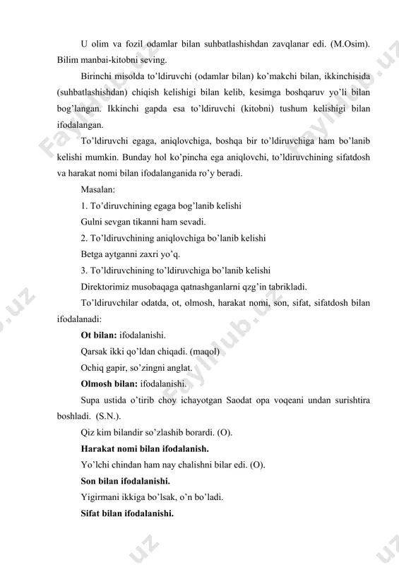 odatdagiday, brigadaga gazeta yangiliklaridan o’qib berdi. (p.t) vositasiz to’ldiruvchi bo’lib kelgan soz tushum kelishik affikasini hamma vaqt ham olavermaydi, ayrim hollarda tushum kelishigi qo’shimchasiz kelishi ham mumkin. albatta bu holat ma’no va grammatik talabga ko’radir. so’zlovchi va tinglovchi avvaldan ma’lum bo’lgan predmet, voqea xodisa yoki belgi ifoda qilinganda, tushum kelishigi affiksi saqlanadi, predmet, voqea-hodisa, belgilar yoki predmetlarning biror turi umuman ifoda qilinganda, tushum kelishigiaffiksi tushiriladi. qiyoslang: zulfiya bobsidan eshitgan hikoyalarni so’zlab berdi. (gaz). botir anchagacha elektr yorug’ida kitob o’qidi. (s.n). vositasiz to’ldiruvchi quyidagi hollarda tushum kelishigi affiksini saqlaydi: 1. atoqli ot, kelishik olmoshlari bilan ifodalanganda. lolani barcha gullar kutib olishdi. (sh.r). meni hamma qarsaklar bilan kutib oldi. 2. ko’rsatish olmoshi, sifat va sifatdosh bilan ifodalangan aniqlovchisiga ega bo’lsa: egilgan boshni qilich kesmas. (maqol). men bu kitobni ilgari o’qigan edim. 3. kesm bilan vositasiz to’ldiruvchi orasida boshqa so’z kelganda: tog’u toshni suv buzar el orasini so’z buzar. (maqol). 4. otlashgan so’zlar …