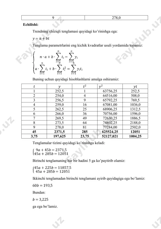 ri. vaqtli qator uchun qoldiqlar avtokorrelyatsiyasi mavjudligini darbin-vatson testi orqali tekshirish uchun quyidagi hisoblashlarni amalga oshiramiz: 1 252,5 250,6 1,9 3,61 - - 2 254 253,825 0,175 0,030625 -1,725 2,975625 3 256,5 257,05 -0,55 0,3025 -0,725 0,525625 4 259 260,275 -1,275 1,625625 -0,725 0,525625 5 262,5 263,5 -1 1 0,275 0,075625 6 266 266,725 -0,725 0,525625 0,275 0,075625 7 269,5 269,95 -0,45 0,2025 0,275 0,075625 8 273,5 273,175 0,325 0,105625 0,775 0,600625 9 278 276,4 1,6 2,56 1,275 1,625625 45 2371,5 2371,5 -1,9 6,2325 -0,3 6,48 3,75 197,625 197,625 qoldiqlar ga teng. va kritik qiymatlari maxsus jadval asosida aniqlanadi. darbin-vatson jadvaliga ko'ra bo'lganda ahamiyatlilik darajasi va kuzatishlar soni uchun kritik nuqtalarni aniqlaymiz: va tekshirib ko’ramiz: agar darbin-vatson mezonining haqiqiy qiymati noaniqlik oralig’iga tushib qolsa, amaliyotda qoldiqlarning avtokorrelyatsiyasi mavjudligi taxmin qilinadi va faraz rad etiladi. bizning misolimizda ham aynan shu holat.