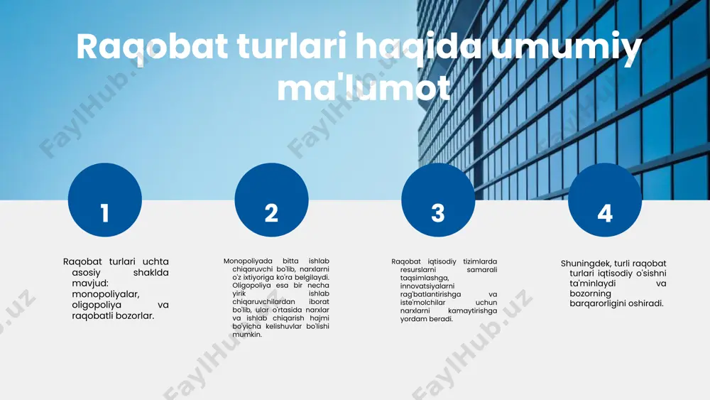 hirishga olib kelmoqda. raqobat iqtisodiy barqarorlikni ta'minlaydi, chunki bu iste'molchilar va ishlab chiqaruvchilar o'rtasida muvozanatni saqlaydi. barqaror iqtisodiy rivojlanish esa resurslarni samarali taqsimlash va uzoq muddatli o'sishni ta'minlaydi. photo by clark van der beken on unsplash raqobat va global iqtisodiyot raqobat global iqtisodiyotda qanday rol o'ynaydi? raqobat resurslarni samarali taqsimlashga yordam beradi va iste'molchilarga tanlov imkoniyatlarini oshiradi, bu esa iqtisodiy o'sishni rag'batlantiradi. raqobat xalqaro savdoni qanday rag'batlantiradi? raqobat kompaniyalarni yangi bozorlarni egallash uchun sifat va narx bo'yicha raqobatlashishga undaydi, bu esa global savdo hajmini oshiradi. raqobat rivojlanayotgan davlatlarga qanday ta'sir qiladi? raqobat mahalliy ishlab chiqaruvchilarni yangi texnologiyalarni qabul qilishga va sifatni oshirishga undaydi, bu esa ularning iqtisodiy o'sishini ta'minlaydi. raqobat global innovatsiyalarni qanday qo'llab-quvvatlaydi? raqobat kompaniyalarni yangi mahsulotlar va xizmatlar yaratishga, shuningdek, mavjudlarni takomillashtirishga undaydi, bu jarayon innovatsion faoliyatni rag'batlantiradi. raqobatni oshirish strategiyalari raqobatni oshirishning maqsadi: iqtisodiy o'sishni kuchaytirish. strategiya 1: innovatsiyalarni rag'batlantirish. strategiya 2: narxlarni optimallashtirish. strategiya 3: mijozlarga …
