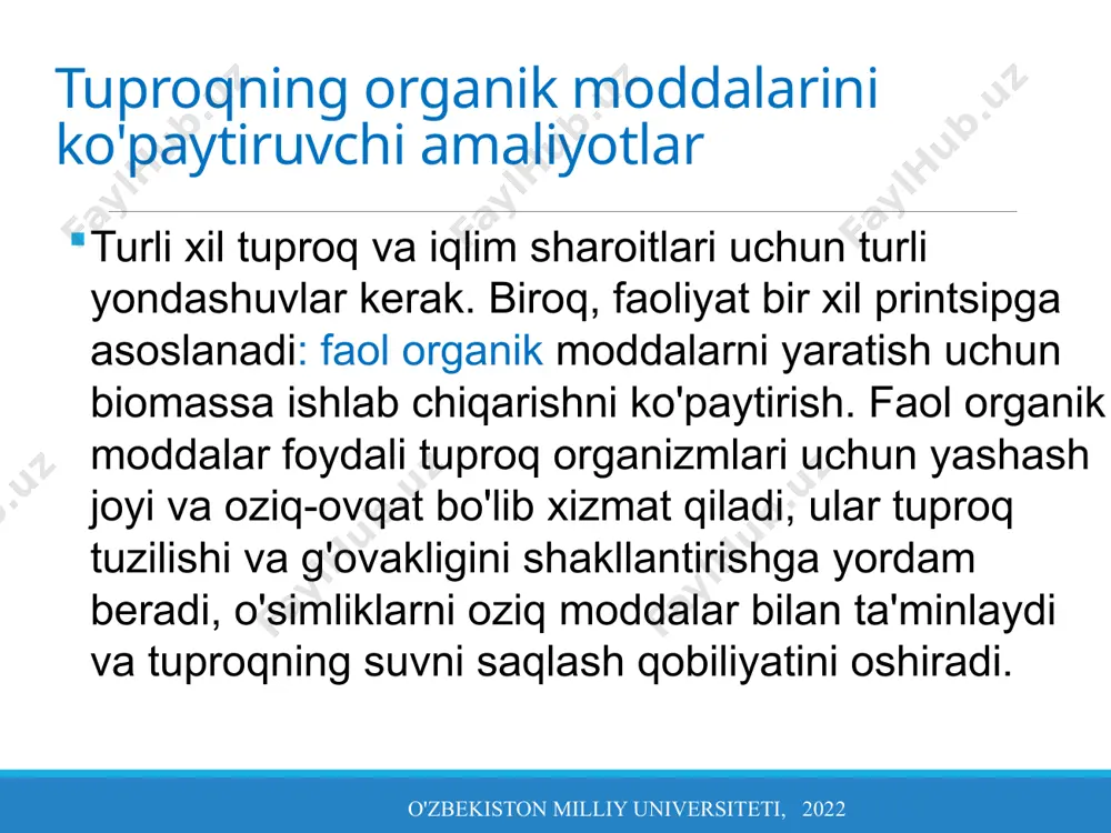 ularning barchasi tuproqqa katta foyda keltirishi mumkin. biroq, ba'zi ekinlar ma'lum imtiyozlarga urg'u beradi; almashlab ekish sxemasini rejalashtirishda foydali. yer yuzini asta-sekin parchalanadigan (yuqori c:n nisbati tufayli) ko'p miqdorda qoldiq bilan qoplaydigan (qoplama) ekinlar bilan ta’minlash muhimdir. bu bosqich uchun o'tlar va donlar eng mos keladi, shuningdek, tuproq tuzilishini tezda yaxshilaydigan intensiv ildiz tizimi tufayli keyingi yillarda, tuproq salomatligi yaxshilana boshlaganda, almashlab ekishga kiritilgan dukkakli ekinlarni etishtirish mumkin bo'ladi. dukkaklilar tuproqni azot bilan boyitadi va ularning qoldiqlari c:n nisbati pastligi tufayli tez parchalanadi. keyinchalik, tizim barqarorlashganda, iqtisodiy funktsiyaga ega bo'lgan qoplamali ekinlarni kiritish mumkin, ya'ni chorvaga ozuqa uchun. cover crops (ekinlarni qoplash) o'zbekiston milliy universiteti, 2022 qoplama ekinlarni tanlash yuqori darajadagi lignin va fenol kislotalarning mavjud bo'lishi kerak. ularning qoldiqlarga parchalanishga nisbatan yuqori qarshilik ko'rsatadi va shu bilan tuproqni uzoqroq vaqt davomida himoya qiladi va yanada barqaror chirindi hosil qiladi. qoldiq tarkibi dinamikasining yana bir belgilovchi omili - bu qoldiqlarning …