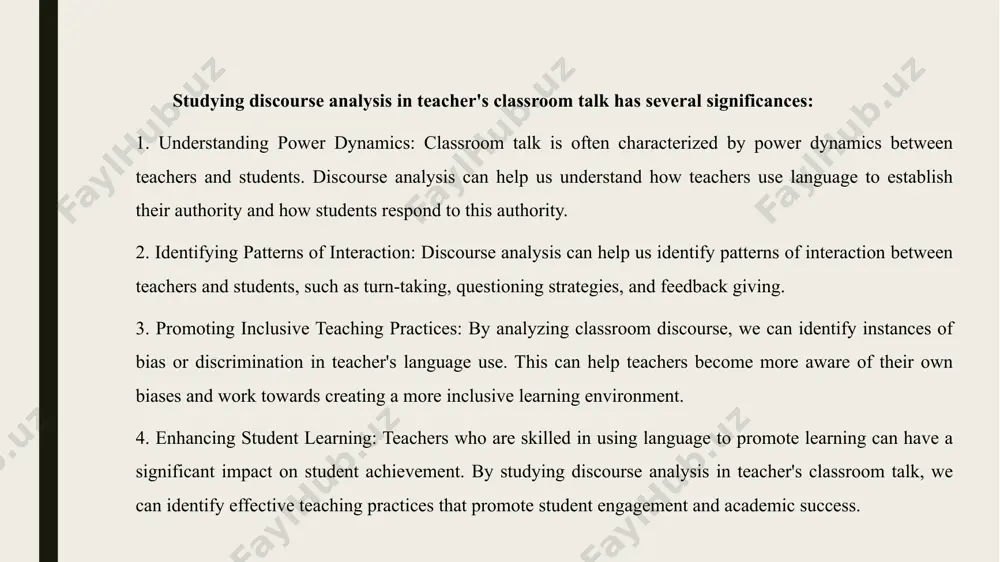 ategies such as turn-taking , topic initiation , and repair strategies 3.critical reading : it involves analyzing text for their ideological and cultural biases and examining the author’s intended method 4.language games: language games such as role plays , debates, and simulations help students to practise using different discourse features like intonation, tone of voice and body language organising discourse analysis in english language teaching is an effective approach to enhance students' language proficiency and communication skills. discourse analysis involves the study of language use in social contexts, including how people use language to convey meaning, construct identities, and negotiate power relationships. by incorporating discourse analysis into english language teaching, teachers can help students develop a deeper understanding of the ways in which language is used in different contexts. organising discourse analysis activities in the classroom can be highly effective in promoting language learning. here are some ways that discourse …