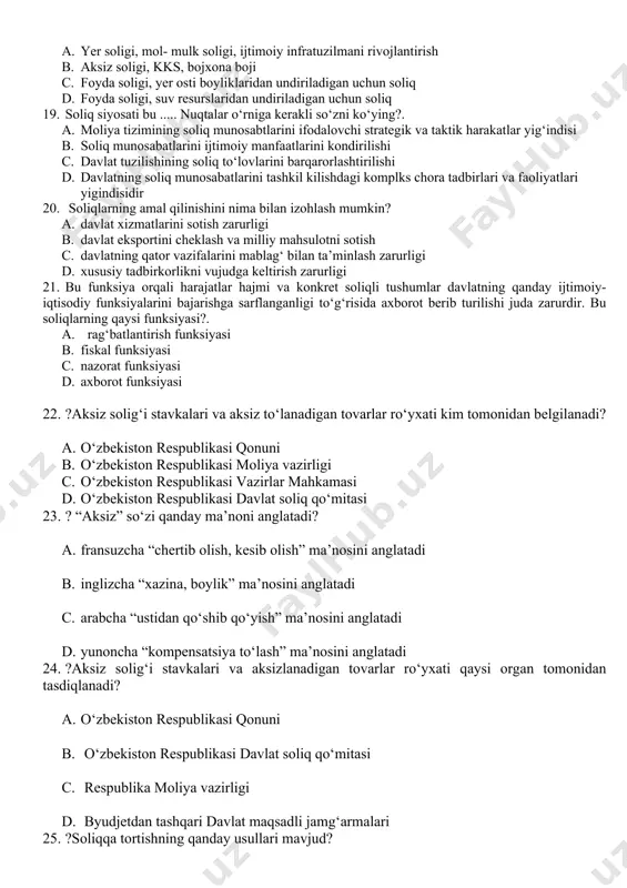 i b. aksiz solig‘i c. yuridik shaxslardan olinadigan foyda solig‘i d. ijtimoiy jamg‘armalarga majburiy to‘lovlar 1. qaysi yildan boshlab qishloq xo‘jaligi tovar ishlab chiqaruvchilari uchun yer solig‘i joriy etildi?. a. 1999 yilning 1 yanvaridan b. 2002 yilning 1 yanvaridan c. 2003 yilning 1 yanvaridan d. 2004 yilning 1 yanvaridan 1. quyidagilarning qaysi biri yer solig‘ini to‘lovchilar sifatida qaralmaydi?. a. qishloq xo‘jaligi tovarlari ishlab chiqaruvchilar b. fermer xo‘jaliklari c. yuridik va jismoniy shaxslar d. o‘rmon va ovchilik xo‘jaliklari 1. mahalliy soliqlarga qaysi soliqlar kiradi?. a. yer soligi, mol- mulk soligi, ijtimoiy infratuzilmani rivojlantirish b. aksiz soligi, kks, bojxona boji c. foyda soligi, yer osti boyliklaridan undiriladigan uchun soliq d. foyda soligi, suv resurslaridan undiriladigan uchun soliq 1. soliq siyosati bu ..... nuqtalar o‘rniga kerakli so‘zni ko‘ying?. a. moliya tizimining soliq munosabtlarini ifodalovchi strategik va taktik harakatlar yig‘indisi b. soliq munosabatlarini ijtimoiy manfaatlarini kondirilishi c. davlat tuzilishining soliq to‘lovlarini barqarorlashtirilishi d. davlatning …