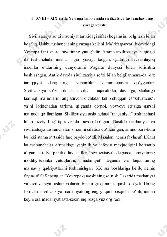 avri bilan bog‘liq bo‘lsa, sivilizatsiya - tarixiy jarayon, ijtimoiy hodisadir. sivilizatsiyaning rivojlanishi jamiyatni yuksaltirishga olib keladi, natijada bu jamiyat fuqarolar erkinligini ta’minlash imkoniyatini yaratadi. sivilizatsiyali hayot insonni madaniyatli qiladi va uning har tomonlama kamol topishi uchun shart-sharoit yaratadi. sivilizatsiya kategoriyasining serqirraligi va ko‘p serma’noligi tufayli unga aniq ta’rif berish mushkul. “sivilizatsiya” ning yuzdan ortiq ta’riflari mavjud bo‘lib, har bir o‘ziga xos ta’rifida ijtimoiy hayotning ma’lum tomonlari, jihatlariga alohida urg‘u beriladiki, bu umuman sivilizatsiyaning ijtimoiy hodisa sifatidagi mohiyatini to‘laroq anglab etishga xizmat qiladi. sivilizatsiya tushunchasining tarixiy-falsafiy mohiyati – tarixiy jarayonning birligi va ushbu jarayon davomida insoniyatning moddiy- texnik hamda ma’naviy yutuqlarning majmui. sivilizatsiya umumjahon tarixiy jarayonining ijtimoiylikning ma’lum darajasiga erishish bilan bog‘liq bosqichini ham anglatadi. sivilizatsiyaning yana bir ma’nosi - madaniyatning zamon va makonda chegaralangan tarixiy tipi (misr sivilizatsiyasi, mesopotamiya sivilizatsiyasi va b.). sivilizatsiya madaniyat so‘zining sinonimi sifatida, ko‘pincha moddiy madaniyat ma’nosida ham qo‘llaniladi. shveytsariyalik tarixchi j.starobinskiyning fikricha, sivilizatsiya tushunchasini ilk …