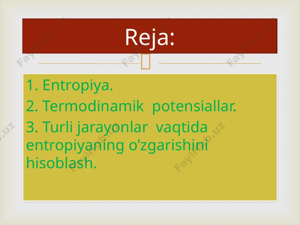 ning ishga aylangan qismini ko‘rsatadi: δg=ap - δf=av  buni termodinamikaning i va ii qonunlarining birlashgan tenglamasidan keltirib chiqaramiz: tδs=δu+av dan av=tδs-δu=t(s2-s1)-(u2-u1)=ts2-u2 - ts1+u1= ( u1- ts1) -(u2- ts2) =f1-f2=-(f2-f1)=-δf av = -δf xuddi shunga o‘xshab ar = -δg keltirib chiqariladi. bu ikkala funksiya ham holat funksiyasi bo‘lib, moddalarning tabiatiga, massasiga va haroratga bog‘liq.  absolyut nolda har qanday bir jinsli jismning entropiyasi nolga teng. bu teoremani ta’riflashda m.plank ishlari katta ahamiyatga ega bo‘ldi. harorat nolga intilganda t→ 0 kondensirlangan sistemalarda issiqlik effekti bilan maksimal ishning haroratga bog‘liqligi tenglama bilan ifodalanadi, bundan a=0 kelib chiqadi. iii qonunga binoan t→ 0 da tenglamani ko‘rinishida yozish mumkin. termodinamikaning iii qonuni yoki issiqlik teoremasi 1906 yil nernst tomonidan ta’riflangan:  shunday qilib t→ 0 da ∆g=∆h bo‘lib qoladi. bu ikkala funksiya orasidagi farq harorat ortishi bilan ortadi. boshqacha aytganda harorat ortishi bilan kimyoviy reaksiyaning yo‘nalishi shu ikkita faktorga – entalьpiya o‘zgarishi ishorasi va …