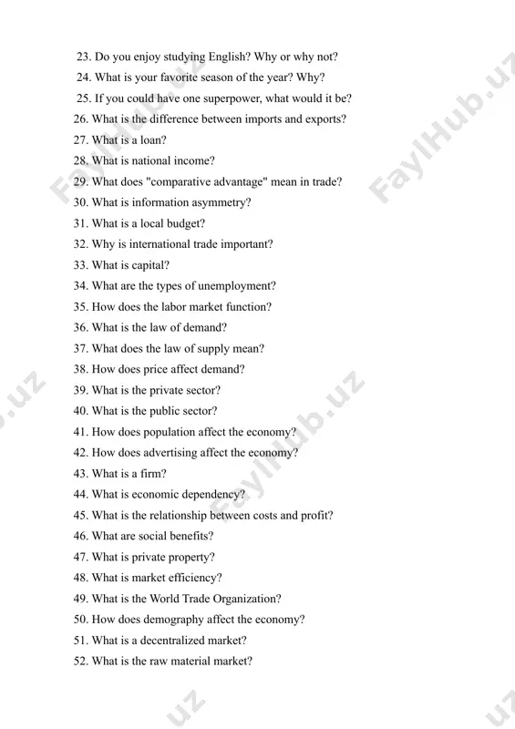 hat is private property? 48. what is market efficiency? 49. what is the world trade organization? 50. how does demography affect the economy? 51. what is a decentralized market? 52. what is the raw material market? 53. what are the types of taxes? 54. what does taxation mean? 55. what does econometrics study? 56. what is actual demand? 57. what is unwanted inflation? 58. what is the goal of taxation? 59. what are the consequences of government debt? 60. what are transfer payments? 61. how does the capital market work? 62. what is the main goal of economic policy? 63. what is the average income? 64. why is resource allocation important? 65. what are the different sectors of the economy? 66. what is a bank? 67. what does the law of demand mean? 68. what is the main task of international economics? 69. what is the demand for resources? 70. …