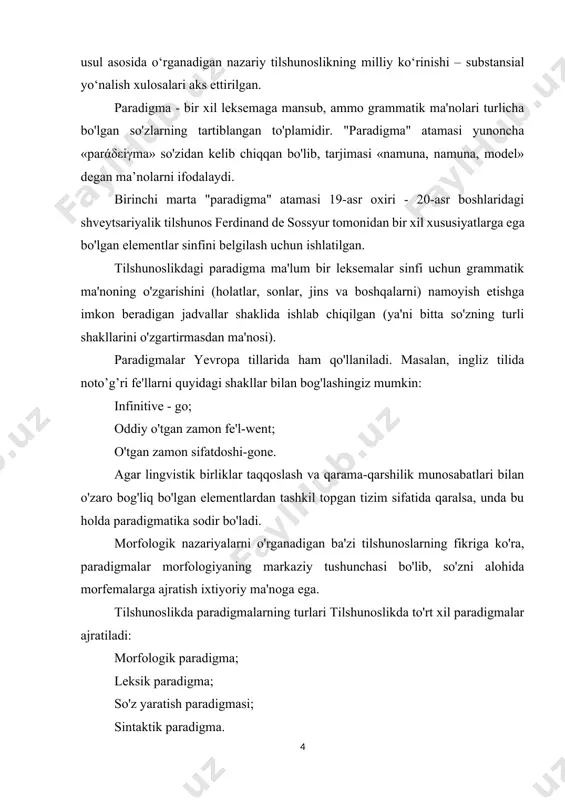 rammatik" deb ham yuritiladi) - bu bitta ildizdan grammatik ma'nolarini o'zgartirish orqali hosil bo'lgan so'zlar tizimi. ba'zi hollarda rad qilingan yuqoridagi "bosh" so'zi morfologik paradigmaning namunasidir. leksik paradigma semantik jihatdan bir-biriga qarama-qarshi bo'lgan so'zlarni (antonimlar, sinonimlar, paronimlar, omonimlar, guruhlar, semantik maydonlar va boshqalar) birlashtiradi (masalan, do'st yoki dushman, uy qurish). so'z yasalish paradigmasi - bu bitta o'zakdan (hosiladan) kelib chiqqan, ammo turli xil semantik va grammatik ma'nolarga ega bo'lgan so'zlar to'plamidir (masalan, "tajriba" so'zidan to'rtta hosila hosil bo'lishi mumkin: tajribali, tajribali, tajribasiz, tajriba). sintaktik paradigma - bu bir xil so'zlardan tuzilgan, ammo grammatik ma'no jihatidan farq qiluvchi jumlalar tizimidir. an'anaviy ravishda sintaktik paradigma sakkiz muddatli hisoblanadi: sintaktik indikativning uchta shakli (hozirgi, kelajak, o'tmish) va sintaktik haqiqiy bo'lmagan kayfiyatning beshta shakli (rag'batlantiruvchi, subjunktiv, kerakli, shartli, majburiy). tilshunoslikning ilmiy paradigmalari yuqorida muhokama qilingan va faqat tilshunoslik masalalari bilan bog'liq bo'lgan paradigmaning ta'rifidan tashqari, ushbu atamaning barcha ilmiy fanlarga taalluqli umumiy tan olingan …