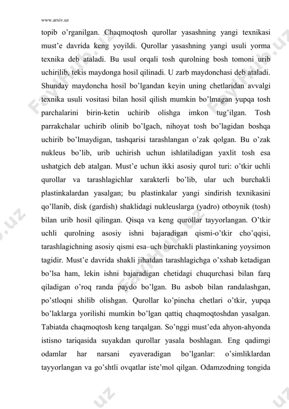 olov hosil qilgan. xatto qirish yoki tarashlash tufayli yog’och qipig’ini hosil qilishgan, qipik ishqalanish tufayli qizib, tutagan. uning ustiga tez o’t oladigan yog’och qovuqlari tashlanib, puflash orqali yondirilgan. ammo olov hosil qilishning qadimgi usuli katta bardoshni va ko’nikmani talab etgan. olov hosil qilish mahoratini hamma ham birday egallay olmagan. hatto o’z zamonidagi ibtidoiy qabilalar ham kerak bo’lganida har safar olov hosil qilishdan ko’ra uni saqlab turishni afzalroq ko’rganlar. olov hosil qilishning boshqa usullari (parmalash, chaqmoq toshdan o’t chiqarish va h.k.) ancha keyingi zamonlarga xos usullardir. must’e davridan ko’pgina gulxan qoldiqlari shu kungacha saqlanib qolgan, bu qoldiqlar o’sha zamonlarda olovdan keng foydalanilganini ko’rsatadi. olov odamlarni sovuqdan himoya qilish bilan birga ularni er yuzida keng o’rnashuviga imkon bergan olov odamlarning ovqatni qovurib va pishirib iste’mol qilishlariga imkoniyat tug’dirgan, shuning orqasidan ovqat sifati yaxshilangan, hazm qilish jarayoni vaqt jihatidan qisqargan, ovqatni, ayniqsa go’shtli ovqatni yaxshiroq singdirishga qulaylik tug’dirgan. bu ovqat inson organizmidagi bioximik …