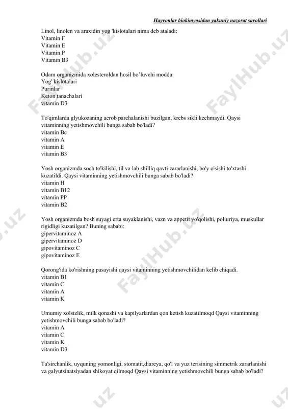a piruvatning ko’payishi, bu quyidagi vitamin yetishmasligidandir: tiamin nikotinamid biotin rutin yog’da erimaydigan 2 ta vitaminnni ko’rsating: 1) c 2) h 3) a 4) d 5) k 1,3 1,4 1,2 1,5 yog’da erimaydigan 2 ta vitaminnni ko’rsating: 1) p 2) b2 3) e 4) d 5) k 1,2 1,3 1,4 1,5 oltingugurt tutuvchi 2 ta vitaminni ko’rsating:1) tiamin 2) biotin 3) retinol 4) nikоtinаmid 5) retinal 1,3 1,2 1,5 1,4 b6vitaminining organizmdan chiqarilishining 2 ta bosqichi:1) 90% piridоksin4-piridоksinkislоtagacha oksidlanadi 2) 1,5- 2,5 mg 4-piridоksinkislоta sutkalik siydikda ajraladi 3) siydik bilan o’zgarmasdan chiqariladi 4) sutkalik siydikda 20- 40 mg ni tashkil qiladi 5) 1 va 24 holatida buyrakda gidroksillanadi. 1,2 2,3 3,5 4,5 gormonal funksiya bajaradigan vitaminlarni ko’rsating: 1) c 2) h 3) a 4) d 5) k 1,4 2,5 1,2 3,4 vitamin d ning 2 ta xususiyatini ko’rsating:1) аktiv fоrmasi 1,25 diоksiхоlekаlsiferоl 2) аktiv fоrmasi 24,25 diоksiхоlekаlsiferоl 3) аktiv fоrmasid2 …