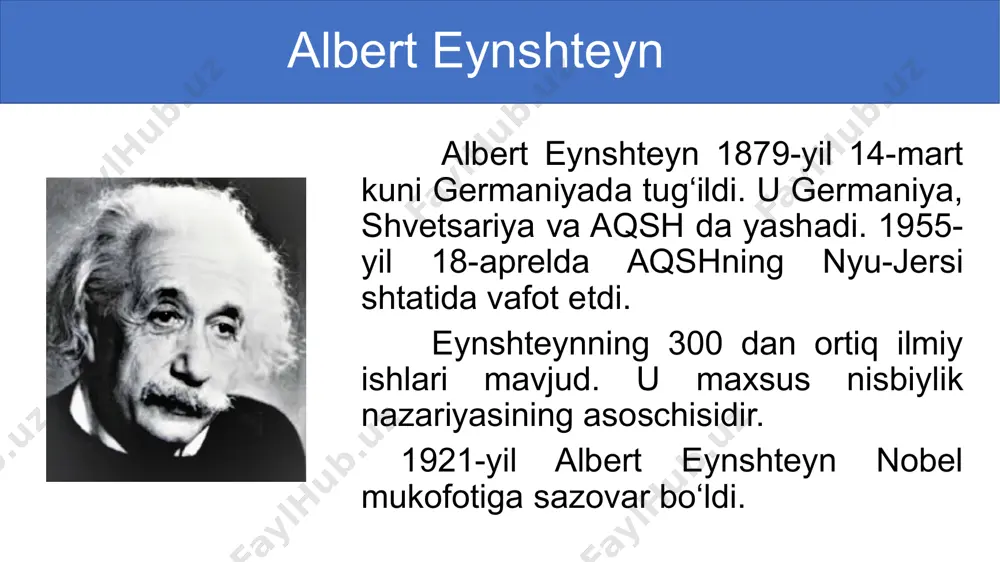 di. uzunlikning relyativistik qisqarishi va sterjenning qo‘zg‘almas va harakatlanayotgan sanoq sistemasidagi uzunliklari. shunday qilib, kuzatuvchiga nisbatan harakatlanayotgan jismning chiziqli o‘lchami qisqaradi. bu relyativistik effekt lorens uzunlik qisqarishi deb ataladi. tezliklarning relyativistik qonuni jismning sanoq sistemasiga nisbatan tezligi , sanoq sistemasiga nisbatan tezligi bo‘lsin. va u holda bo‘lsa, 132-bet 1-test agar sterjenning tinch holatdagi uzunligi 1 m bo‘lsa, 0,6c tezlik bilan harakatlanayotgan sterjenning uzunligi nimaga teng? a) 80 cm; b) 84 cm; c) 89 cm; d) 90 cm. formula: yechish: javob: a) berilgan: topish kerak: 1. mavzuni o‘qish va savollarga javob yozish.(128-bet) 2. 132-bet, 2, 3-testlarni yechish. mustaqil bajarish uchun topshiriqlar image1.png image2.jpg image3.png image3.jpg image4.png image4.jpg image6.png image60.png image5.jpg media1.mp4 image7.png image8.png media2.mp4 image9.png image90.png image100.png image11.png image12.png /docprops/thumbnail.jpeg