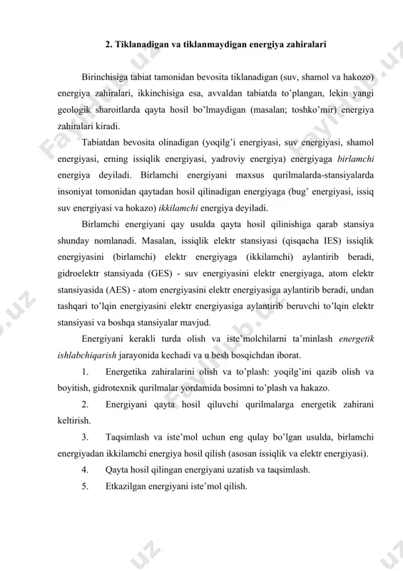 , yadro va termoyadro energetikasini hisobga olmagan holda, yana 100-250 yilga etadi. bu ma’lumotlar taxminan, lekin kelajakni ayrim ko’rinishlarini yoritib beradi. quyidagi rasmda energiya tashuvchilarni dunyodagi iste’moli to’g’risida ma’lumotlar berilgan. dunyoda energiya zahiralarini 2000 yilga kelib umumiy ishlab chiqarish 20 mlrd. tonna shartli yoqilg’iga teng bo’ladi deb kutilmoqda. bu tizimda neft va gaz yuqori o’rin egallaydi va ishlab chiqarish energiya zahiralarini 3/5 qismini tashkil etadi; 1/5 qismini yadro yoqilg’isiga, qolgan qismi boshqa qattiq yoqilg’ilarga to’g’ri keladi. 60-yillarda dunyo yoqilg’i-energetik muvozanati tuzilishida sezilarli o’zgarishlar ro’y berdi. suyuq va gazsimon yoqilg’i iste’moli ortdi. 1980 yilda dunyoda umumiy energiya iste’molida 46% ni neft, 20% ni esa gaz tashkil etdi. xx asrning oxiriga kelib energiyani iste’molini tabiiy gaz, ko’mir va yadro energiyasi hisobiga qondirildi. xxi asr boshida tiklanadigan energiya turlari unumdorligini oshirish kutilmoqda. taxminiy hisoblarga ko’ra bu energiya zahiralarini ulushi, yadro energiyasi bilan 40% atrofida bo’ladi. foydalanaoladigan energiya manbalari ichida ko’mirning ulushi eng katta …