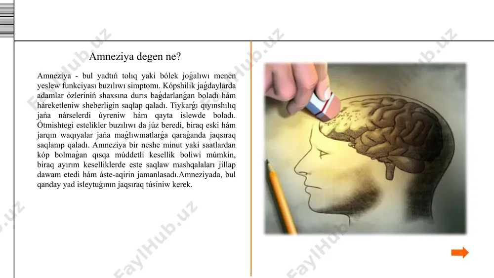 nikalıq sebepleri: - qan tamırları, miyge qan quyılıwı. - miydiń juqpalı hám isiniw kesellikleri. mısalı, dem alıw sistemasınıń patologiyası yamasa uglerod oksidinen záhárleniw nátiyjesinde miydi kislorod penen támiyinlewdiń jetispewshiligi. - spirtli ishimliklerdi artıqsha paydalanıw: tiamin (b1 vitamini) jetispewshiligine alıp keledi. - yadtı basqaratuǵin miy aymaǵındaǵı óspeler. degeneraciyalıq miy kesellikleri: alcgeymer keselligi hám demensiyanıń basqa túrleri. - benzodiazepinler hám barbituratlar sıyaqlı bazı dárilerdi qabıllaw. epilepsiya. - jaraqat, miy jaraqatı hám miy xirurgiyası. amneziyanıń psixogen sebepleri: shizofreniya hám basqa ruwxıy kesellikler. psixotravmatik jagday: tábiyiy apat, zorlıq, jawingerlik háreketler, terroristlik háreket. estelik ádette tek ǵana zıyanlanatuǵın waqıya dáwirinde joǵaladı. bunday qisman amneziya ushın sebepler kúshli emocional shokqa alıp keletuǵın hár qanday nárseler bolıwı múmkin. - gipnozdan keyingi jaǵday. patologiyanıń sebebin durıs anıqlaw júdá áhmiyetli, sebebi diagnoz qoyıw hám yemlew usıǵan baylanıslı boladı. neoplazma yamasa epilepsiya menen awırǵan nawqastı basqarıw taktikası jaraqatlanǵan jaǵday aqıbetlerin emlewden parıq qıladı. sonıń ushın tekseriw ótkeretuǵın shıpaker klinikalıq jaǵdaydı …