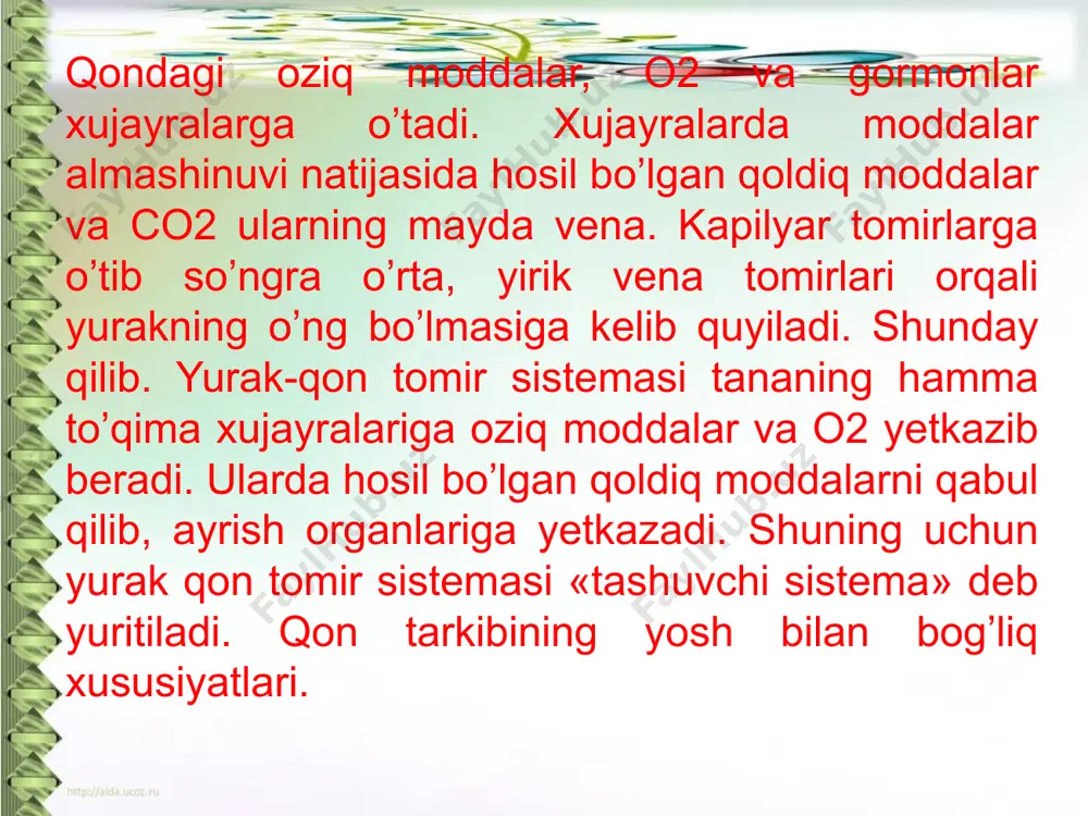 ganizmga kirgan mikroorganizmlar yutib, eritib yuboradi. bu hodisa fagao’itozlar deyiladi. leykoo’itlarning bu xossasini atoqli rus olimi i.i.mechnikov aniqlagan. eritroo’itlar – qizil qon tanachalari. eritroo’itlar suyaklarni ko’mik qismida hosil bo’ladi. yetilmagan yosh eritroo’itlarda boshqa hujayralardagi singari yadro bo’ladi. yetilgan eritroo’itlarda yadro yo’qoladi. ya’ni odamning qoni tarkibidagi eritroo’itlar yadrosiz bo’ladi. ular o’rtasi ozroq botiq, yumaloq shaklga ega. 1 mm3 qonda 4-6 mln o’rtacha 5 mln dona eritroo’itlar bo’ladi. eritroo’itlarning hosil bo’lishi va soni normal miqdorida bo’lishi odamning sog’lig’iga ovqatlanishiga, jismoniy mashqlar bilan shug’ulsiga bog’liq. suyak ko’migida hosil bo’lib, qonga o’tgan eritroo’itlar 120 kun atrofida yashaydi. sungra ular jigar va taloqda parchalanadi. barcha tirik organizmlar hayotini saqlab turish uchun nafas olishi kerak. nafas olganda tashqi muhitdagi havo o’pka hujayralariga, u yerdan qonga o’tib, qon orqali barcha hujayralarga yetkazib beriladi. kislorod yordamida oziq moddalar oksidlanadi, natijada yuqori molekulali organik moddalardan ma’lum miqdorda energiya ajralib chiqadi. organizm hujayralariga kislorod borib yetmasa, ular nobud bo’ladi. moddalar …