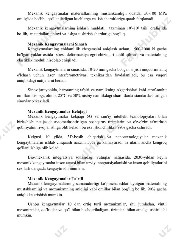 shartlariga bogʻliq. mexanik kengaytmalarni sinash kengaytmalarning chidamlilik chegarasini aniqlash uchun, 500-1000 n gacha bo'lgan yuklar ostida stress-deformatsiya egri chiziqlari tahlil qilinadi va materialning elastiklik moduli hisoblab chiqiladi. mexanik kengaytmalarni sinashda, 10-20 mm gacha bo'lgan siljish miqdorini aniq o'lchash uchun lazer interferometriyasi texnikasidan foydalaniladi, bu esa yuqori aniqlikdagi natijalarni beradi. sinov jarayonida, haroratning ta'siri va namlikning o'zgarishlari kabi atrof-muhit omillari hisobga olinib, 25°c va 50% nisbiy namlikdagi sharoitlarda standartlashtirilgan sinovlar o'tkaziladi. mexanik kengaytmalar kelajagi mexanik kengaytmalar kelajagi 5g va sun'iy intellekt texnologiyalari bilan birlashishi natijasida avtomatlashtirilgan boshqaruv tizimlarini va o'z-o'zini ta'mirlash qobiliyatini rivojlanishiga olib keladi, bu esa ishonchlilikni 99% gacha oshiradi. kelgusi 10 yilda, 3d-bosib chiqarish va nanotexnologiyalar mexanik kengaytmalarni ishlab chiqarish narxini 50% ga kamaytiradi va ularni ancha kengroq qo'llanilishiga olib keladi. bio-mexanik integratsiya sohasidagi yutuqlar natijasida, 2030-yildan keyin mexanik kengaytmalar inson tanasi bilan uzviy integratsiyalanishi va inson qobiliyatlarini sezilarli darajada kengaytirishi mumkin. mexanik kengaytmalar ta'rifi mexanik kengaytmalarning samaradorligi ko’pincha …