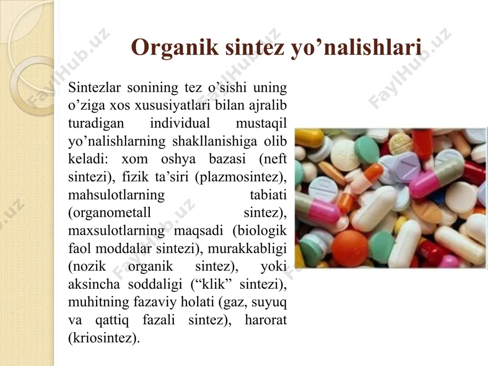 q sintez orqali sirka kislotasini olish 1812 yilda – konstantin kirxgof, kraxmal va kislotadan glyukozani sintez qildi. 1809 yilda – mishel shevrel yog’ kislotasi va glitserinni oldi 1842 yilda – zinin nitrobenzoldan bo’yoq bo’lgan anilinni sintez qilishga muvaffaq bo’ldi. 1861 yilda – a.m.butlerov formalindan qandli moddani sintez qildi. foydalanilgan adabiyotlar 1. stahl, ulf, donalies, ute e.b., nevoigt, elke, “food biotechnology” 2015. swedish institute. croati 2. artikova r.m., murodova s.s. qishloq xo‘jalik biotexnologiyasi. darslik. t.: fan va texnologiya. 2010. -279 b. 3. xo'jamshukurov n.a., davranov q.d. sattarov m.e. oziq-ovqat va ozuqa mahsulotlari biotexnologiyasi. darslik. t.: tafakkur qanoti. 2014. 4. www.ziyonet.uz 5. www.molbiol.ru 6. www.biolibrary.ru 7. https://uz.wikipedia.org/wiki/ image2.png image3.png image4.png image5.png image6.png image7.png image8.png image9.png image10.png image11.png image12.png image13.png image14.png image1.jpg