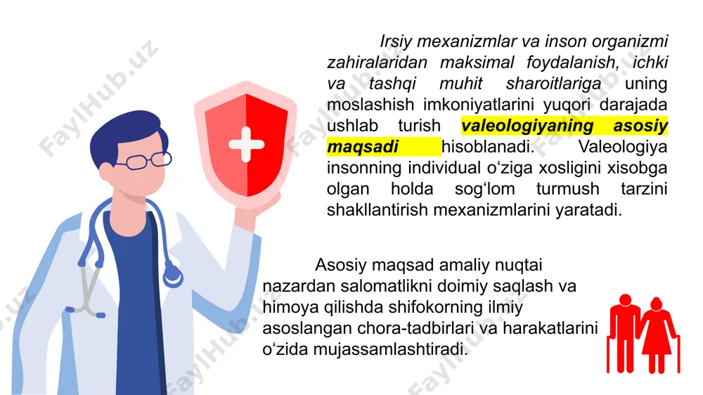 nsning) buzilishi disgormoniyaga va kasalliklarga olib kelishini aniq isbotlab berilgan. mashhur "tib qonunlari" asari salomatlikni saqlash va mustaxkamlash g’oyalari asosida yozilgan. tib qonunida "salomatlikni saqlash haqida"gi bo‘lim alohida ajratilgan bo‘lib, organizmga atrof-muhit, ovqatlanish tartibi, turmush tarzi va boshqa omillarning ta'sir qilishi batafsil bayon etilgan. olim tibbiyot tushunchasiga ta'rif berganda salomatlikni saqlash haqidagi fikrni aks ettirgan. ibn sino shunday yozgan edi: "salomatlik bu qobiliyat yoki holat bo‘lib, u tufayli bajariladigan funktsiyasi belgilab qo’yilgan a'zo benuqson bo’ladi". u insonlarni o‘rab turgan atrof muxit bilan yaqin aloqada bo’lishini va tashqi muhit omillari o’z navbatida uning salomatligiga ta’sir qilishini ta’kidlab o’tgan. ibn sino salomatlikni saqlashda jismoniy mashqlarning muhim rolini qayd etib, salomatlikni saqlashga qaratilgan tartibli hayot tarzida birinchi jismoniy mashqlar, undan keyin esa ovqatlanish tartibi va uyqu deb belgilagan. u shunday yozadi: "me'yorida va o‘z vaqtida jismoniy mashqlar bilan shug‘ullanadigan inson xech qanday davolanishga muhtoj emas". ibn sinoning salomatlikni saqlash haqida yaratgan tamoyilida jismoniy …