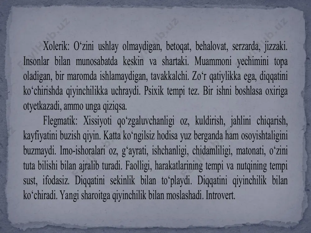 qilmaslik kerak edi yoki shu gapni gapirmaslik kerak edi, -degan xavotirlanish hollari b о‘lib turadimi? 15. odamlar bilan suhbatlashib о‘tirishdan kо‘ra kitob о‘qishni ma’qul kо‘rasiz. shy tо‘g‘rimi? 16. sizni hafa qilish osonmi? 17. siz turli davralarda (kompaniyalarda) b о‘lishni yoqtirasizmi? 18. sizda о‘zgalardan yashirmoqchi b о‘lgan о‘y, fikrlar bо‘lib turadimi? 19. sizda ba’zan ishga bо‘lgan kuchli ishtiyoq birdan dangasalik holati bilan almashish hollari bо‘lib turadimi? 20. siz tor doirada faqat о‘zingizga yaxshi tanish b о‘lgan dо‘stlaringiz bо‘lishini ma’qul kо‘rasizmi? 21. siz tez-tez hayol surib turasizmi? 22. agar sizga baqirishsa, siz shu zahoti javob qaytarasizmi? 23. sizni tez-tez aybdorlik hissi bezovta qilib turadimi? 24. sizning hamma odatlaringiz yaxshi va yoqimlimi? 25. siz davralarda о‘zingizni erkin tutib, quvnoq о‘tira olish qobiliyatiga egamisiz? 26. siz о‘zingizni ta’sirchan va xissiyiotga beriluvchan kishi deb hisoblaysizmi? 27. о‘zgalar sizni doimo tetik va quvnoq kishi deb hisoblashadimi? 28. siz biror bir muhim ishni amalga oshirgandan s о‘ng, …