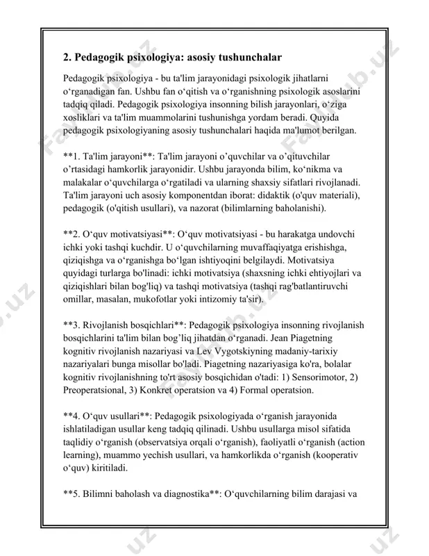 di. bu yoshda bolalar qo'pol va nozik motorika ko'nikmalarini shakllantirishadi. intelektual jihatdan, bu davrda ular asosiy o'quv ko'nikmalarni, xususan, tilni, muhokama qobiliyatini rivojlantiradilar. 5-6 yoshda bola 2000 atrofida so'zni bilib oladi. ijtimoiy jihatda, bolalar ijtimoiyroq bo'ladi, do'stlik tushunchasi paydo bo'ladi va ular o'yin orqali boshqa bolalar bilan o'zaro aloqa qilishni o'rganadilar. **boshlang'ich maktab yoshi (6-10 yosh)**: bu bosqichda bolalarning jismoniy o'sishi bir muncha sekinlashadi. o'rtacha, har yili ular 5-7 sm o'sadi va 2-4 kg qo'shishadi. rivojlanishning bu bosqichida bolaning kognitiv qobiliyatlari izchil rivojlanib boradi. piagetaning nazariyasiga ko'ra, bu davrda bolalar konkret operatsiyalar bosqichida bo'ladilar, ya'ni ular mantiqiy fikrlash va predmetlar bilan amaliy ishlash qobiliyatiga ega. ularning diqqatlari ham rivojlanadi, va 6-10 yoshdagi bolalar 15-25 daqiqagacha bir vazifaga diqqatini qaratishlari mumkin. **o'smirlik yoshi (11-18 yosh)**: bu bosqich gormonal o'zgarishlar bilan boshlanadi va pubertal o'zgarishlar bilan davom etadi. o'g'il bolalar odatda 12 yoshdan boshlab boy o'sishni boshlaydi, qizlar esa 10-12 yosh oralig'ida. …