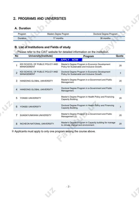 ble to apply. e. minimum level of education and field experience program minimum level of education minimum experience in the field of study master’s bachelor’s degree (preferably) 2 years doctoral master’s degree (preferably) 3 years after graduation from koica master’s degree program - some programs may have specific educational qualifications, which can be found in the program information provided by each university f. english proficiency · applicants must have a strong command of english, both in speaking and writing. · proficiency in english is required to attend classes conducted entirely in english and to be able to write academic reports and theses in english. g. restrictions · individuals who have previously received a scholarship for a degree program from the korean government are not eligible to apply. · individuals who have previously enrolled in a degree program through a korean government-sponsored scholarship program, other than the koica-administered scholarship program, are …