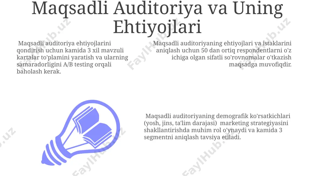ichiga olishi va ularning samaradorligini baholash mezonlari ko'rsatilishi lozim. tavsiyalar va xulosalar bo'limida kamida 3 ta asosiy muammoni va ularning 5 tadan ortiq echim variantlarini taqdim etish tavsiya etiladi, bu tahliliy ishlarning chuqurligini oshiradi. mavzuga oid 10 dan ortiq manbalarni tahlil qilish orqali olingan xulosalar, statistik ma'lumotlar va raqamlar bilan qo'llab-quvvatlanishi kerak. kuzatuv va baholash mezonlari kuzatuv va baholash mezonlari, kamida 5 ta asosiy ko'rsatkich – mazmun, til, uslub, tashkilot va taqdimot – bo'yicha 1 dan 5 balgacha baholanadi, bunda 5 bal – eng yuqori ko'rsatkich hisoblanadi. kuzatuv jarayonida, kamida 10 ta mavzuli kartaning tahlili o'tkazilib, har bir ko'rsatkich bo'yicha o'rtacha ball hisoblanadi va natijalar grafik ko'rinishida taqdim etiladi. mavzuli kartalarni baholashda, 20% mazmunning aniqligi va to'liqligiga, 30% tilning to'g'riligi va boyligiga, qolgan 50% esa uslub, tashkilot va taqdimot sifatiga qaratilgan. til va uslubiyat tahlili til tahlili natijalari shuni ko‘rsatdiki, mavzuli kartalarda 5000 dan ortiq so‘z birikmasi va 2000 ga …
