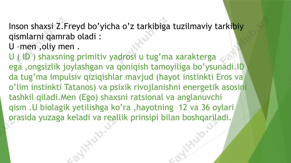 adi. proyeksiya –bu individ o’zining ongli darajasida rad qiluvchi fikr, tuyg’u,motiv va istaklarni boshqa shaxs yoki obektga o’tkazish mexanizmi.mexanizm o’zini va atrofdagilarni ular tomonidan emotsional rad etilishi sifatida qabul qilmaslik tuyg’usini ushlab turish uchun rivojlanadi . introyeksiya –inson yoki obyektni simvolik internalizatsiya (o’ziga kiritish).mexanizm harakati proyeksiyaga qarama –qarshidir.introyeksiya yordamida sevgi obyektlari va o’zining shaxsi oldidagi farqlar bartaraf etiladi.bazida boshqa odamlarga nisbatan jahl yoki aggressiya o’rniga yo’q qiluvchi tuyg’ular,o’zini o’zi tanqid qilishga ,o’zini qadrlamaslikka aylanadi,chunki ayblanuvchida introyeksiya sodir bo’ladi. rastionallshtirish-aslida mumkin bo’lmagan fikr,tuyg’u ,xulq –atvorlarni oqlashga ishonchli sabablarni topuvchi himoya mexanizmi .ratsionallashtirish –psixologik himoyaning eng keng tarqalgan mexanizmi,chunki bizning xulq-atvorimiz ko’plab omillar orqali aniqlanadi va biz uni o’zimiz uchun ma’qul bo’lgan yo’l bilan tushuntirganimizda ratsionallashtirgan bo’lamiz. intelektualizatsiya –bu himoya mexanizmi emotsional his tuyg’u va kechinmalarni bartaraf etish maqsadida namoyon bo’ladi.intelektual zaxiralarni katta miqdorda qo’llashni taqazo etadi. e’tiboringiz uchun rahmat ! image1.jpg image2.jpg image3.jpg image4.jpg image5.jpg image6.jpg image7.jpg image8.jpg image9.jpg image10.jpg image11.jpg …
