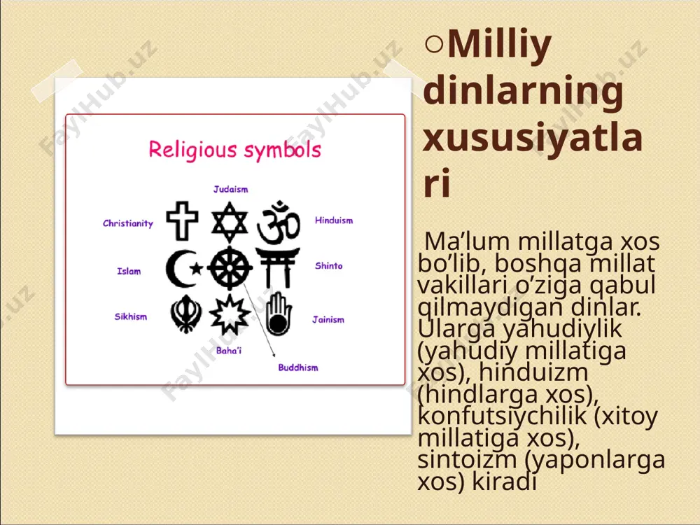 olgan yodgorliklar» kitobida yozishicha, yahudiylar bu so’zni somiy tillaridagi hoda – «tavba qilmoq, tavba qilganlar» so’zidan kelib chiqqan deb da’vo qilsalar-da, aslida bu fikr noto’g`ri, «yahudiy» so’zi banu isroil xalqi ustidan hukmronlik qilgan ya’qub payg`ambarning o’g`li yahudo nomiga nisbat berilgan. yahudiy xalqining yana bir nomi banu isroil bo’lib, isroil – ya’qub payg`ambarning ikkinchi ismi, banu – «bolalar» ma’nosini beradi, ya’ni – «isroil avlodlari». yahudiylik ta’limoti 1. olamlarni yaratuvchi yagona xudo – yahvega imon keltirish. yahve so’zi «rabb, parvardigor» ma’nosini bildiradi. tavrotning «chiqish» kitobida xudoning musoga aytgan ushbu so’zi keltiriladi: «yahve – ota-bobolaringiz ibrohim, ishoq, ya’qublarning parvardigori, u meni sizga yubordi» (chiqish: 3). mil. av. vi asr oxirlarida yahudiy ruhoniylari oddiy xalq hurmatini pasaytirib qo’ymasliklari uchun yahve so’zini ishlatishni man etib, uning o’rniga murojaat uchun «adonay» («rabb, xoja») so’zini qo’llashni buyurganlar. shundan so’ng faqat ruhoniylargagina ibodat vaqtida yahve nomini tilga olishlariga ijozat berilgan. yahudiylik ta’limotiga ko’ra, yahve olamlarni yaratishni yakshanbada boshlab, …