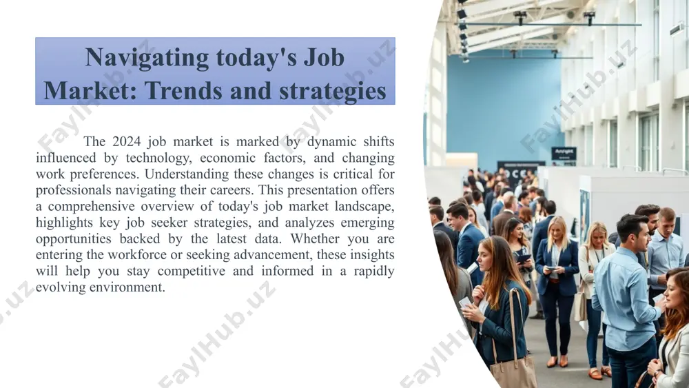ons ask insightful queries to demonstrate engagement and assess fit. 4 post-interview follow-up send a thank-you note reiterating interest and summarizing key strengths. 12 conclusion: thriving in the evolving job market embrace adaptability stay agile and open to continuous learning as the market evolves rapidly. develop critical skills focus on in-demand technical and soft skills to remain competitive and valuable. leverage technology use digital tools, platforms, and networks strategically to enhance career opportunities. be proactive take charge of your career development and embrace the evolving world of work confidently. 14 image1.jpeg image2.png image3.png media1.mp4 image4.png image5.png image6.png image7.png image8.png image9.png image10.png image11.png image12.png image13.png image14.png image15.png media2.mp4 image16.png image17.png