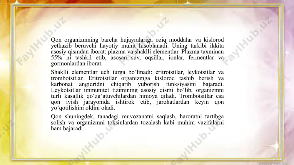 immun hujayralarni zararlangan to‘qimalarga olib borish va organizmga tushgan patogenlarga qarshi kurashish uchun muhit yaratadi. masalan, fagotsitlar qonga tushgan mikroblarni yutib yo‘q qiladi, limfotsitlar esa antitanachalar ishlab chiqarib, virus va bakteriyalarni zararsizlantiradi. bundan tashqari, qon orqali interferon va sitokinlar kabi moddalar tarqalib, immun javobini faollashtiradi. qon orqali immunitet uchun zarur bo‘lgan vitaminlar, minerallar va himoya oqsillari tarqaladi. shu sababli, qonning tarkibi va sifati immun tizimining samarali ishlashida muhim rol o‘ynaydi. agar qondagi immun hujayralar yetarli bo‘lmasa yoki ularning faoliyati susaysa, organizm kasalliklarga nisbatan zaiflashib qoladi. qon va immunitet bir-biri bilan chambarchas bog‘liq bo‘lib, immun tizimining asosiy himoya elementlari aynan qon tarkibida joylashgan. leykotsitlar (oq qon tanachalari) organizmni bakteriyalar, viruslar va boshqa patogenlardan himoya qilishda asosiy rol o‘ynaydi. leykotsitlarning turli turlari mavjud bo‘lib, har biri o‘ziga xos himoya vazifasini bajaradi. qon immun hujayralarni butun tanaga yetkazib beradi va immunitet reaksiyalarini faollashtiradi. masalan, limfotsitlar qonda harakatlanib, zararli mikroorganizmlarni aniqlaydi va ularga qarshi …
