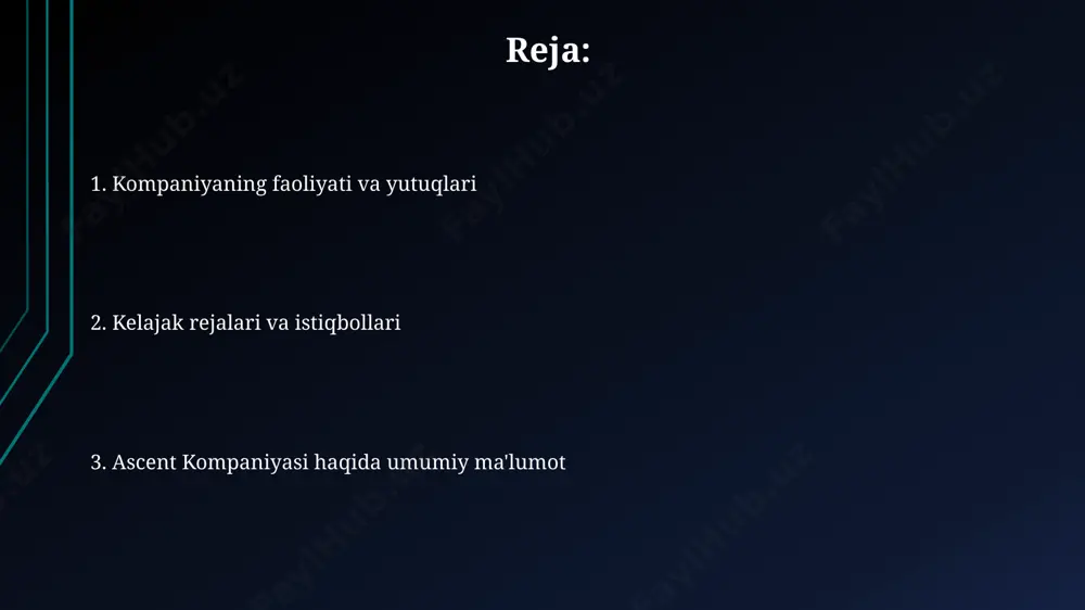 liyati 15% ga o'sganini hisobotlar ko'rsatmoqda, bu esa kelgusi yillarda yanada kengayish uchun yaxshi asos yaratadi. moliyaviy ko'rsatkichlar va o'sish sur'atlari ascent kompaniyasi 2022 yilda toshkent shahrida 15% ga o'sish sur'atini qayd etib, 50 million so'm sof foydani ko'rdi, bu esa 2021 yildagi ko'rsatkichlardan 2 baravar yuqori. ascent kompaniyasining aktivlari 2024 yilga kelib 100 million so'mga yetishi va rentabellik darajasi 12% ga chiqishi kutilmoqda. xodimlar va korporativ madaniyat ascent kompaniyasining toshkentdagi 500 dan ortiq xodimi korporativ tadbirlarga faol ishtirok etadi, bu esa jamoaviy ruhni mustahkamlash va 15% ga samaradorlikni oshirishga yordam beradi. kompaniya xodimlarining 70% i o'z kasbida 3 yildan ortiq tajribaga ega bo'lib, bu ascentning malakali mutaxassislar jamoasini shakllantirishga hissa qo'shadi. e'tiboringiz uchun rahmat @taqdimot_robot image1.jpg image2.jpg image3.jpg image4.jpg image5.jpg image6.jpg image7.jpg