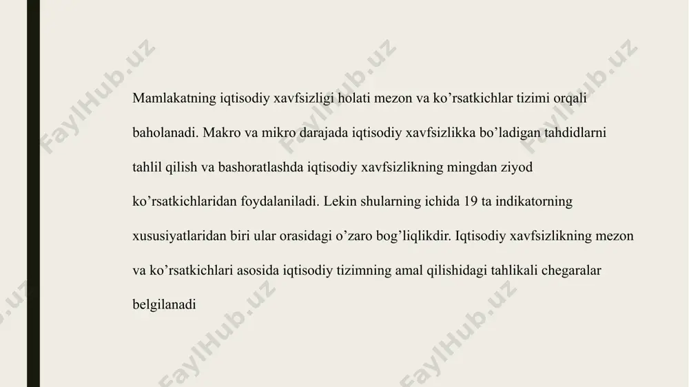 tashqi savdo, ilmiy-texnikaviy hamkorlik va boshqalarda, barcha mamlakatlar uchun xavfsizlikning ma’lum chegaralari mavjud bo’lib, ularni ilmiy asoslangan me’yorlar asosida aniqlash mumkin. ayni paytda ayrim olingan mamlakatda mavjud bo’lgan vaziyatga to’liq baho beruvchi universal ko’rsatkich mavjud ekanligi to’g’risida gapirish unchalik to’g’ri bo’lmaydi. chunki iqtisodiy xavfsizlik ko’p omillar ta’sirida bo’ladigan hodisa hisoblanib, u milliy ishlab chiqarishning uzluksiz o’zgarib turuvchi ichki va tashqi sharoitlarining yig’indisini aks ettiradi. image1.jpeg image2.jpeg image3.png image4.jpeg image5.png image6.png image7.jpeg image8.png /docprops/thumbnail.jpeg
