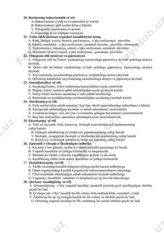 ari va oqibati. a. organizmning qizib ketishiga issiq urish deyiladi. b. miyaga ta’sir etishiga issiq urish deyiladi. v. organizmning kuyishiga issiq urish deyiladi. g. xayvonlarni molxonada boqqanda rivojlanadi. 16. oziq toksikozlari ta’rifi. a. sifatsiz oziqalar bilan zaxarlanishga oziq toksikozlari deyiladi. b. organizmning turli xil dorilar bilan zaxarlanishiga oziq toksikozlari deyiladi v. xashoratlar ajratgan zaxarlar bilan zaxarlanishiga oziq toksikozlari deyiladi. g. sunalar chaqishi natijasida zaxarlanishga oziq toksikozlari deyiladi. 17. atrofiyaga ta’rif. a. xujayra va tukima xajmining kichrayishi b. xujayra tarkibiy kismlarini sifat jixatidan uzgarishi v. xujayralarni ish kobiliyatining pasayishi g. tukimalarning usishi va rivojlvnishi 18. qon aylanishining mahalliy buzilishi kasalliklarini atang. a. anemiya, giperemiya staz, qon oqish, tromboz, emboliya, infarkt kiradi. b. endokardit, yurak nuqsonlari, infarkt, qon oqish, leykoz, anizotsitoz kiradi. v. miozit, orxit, anemiya, giperemiya, staz, tromboz, infarkt kiradi. g. masti, axtalash, orxit, anemiya, giperemiya, staz, tromboz, infarkt kiradi. 19. dispanserizatsiya ta’rifi. a. xayvonlarning rezistentligini oshirish uchun rejali o’tkaziladigan tadbir …