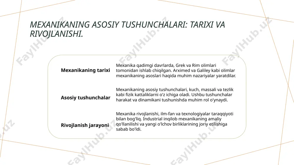 ntimetr va kilometr kabi birliklar qo'llaniladi. har bir birlikning o'ziga xos o'lchovlari mavjud va qo'llanilishi kontekstga bog'liq. 3 o'lchov birliklarining ta'siri o'lchov birliklari fizik hodisalarni tushunishda muhim ahamiyatga ega. ular o'lchovlar aniqligini ta'minlab, hisoblashlarni osonlashtiradi. 4 uzunlik va fizik jarayonlar uzunlik fizik jarayonlarda masofa, tezlik va vaqt bilan bog'liq. to'g'ri o'lchovlar ilmiy tadqiqotlar va amaliy qo'llanmalarda muhimdir. massa tushunchasi: asosiy birliklar va ularning qo'llanilishi. massa tushunchasi fizikada asosiy birliklardan biridir. massa, jismlarning inersiya xususiyatini bildiradi va si tizimida kilogramm (kg) bilan o'lchanadi. asosiy birliklar sifatida, massa turli ilmiy va texnik sohalarda keng qo'llaniladi, masalan, kimyo va muhandislikda. ushbu birlikning to'g'ri ishlatilishi fizik hodisalarni tahlil qilishda muhim ahamiyatga ega. vaqt o'lchovi: fizik jarayonlarni anglash uchun zaruriy tushuncha. 01 vaqt tushunchasi vaqt, fizik jarayonlarning davomiyligini o'lchovchi kattalikdir. u jarayonlar orasidagi munosabatlarni belgilaydi va fizik qonunlarni tushunishga yordam beradi. 02 vaqt o'lchov birliklari vaqtni o'lchash uchun asosiy birlik - sekunda (s). sekundalar, minutlar …