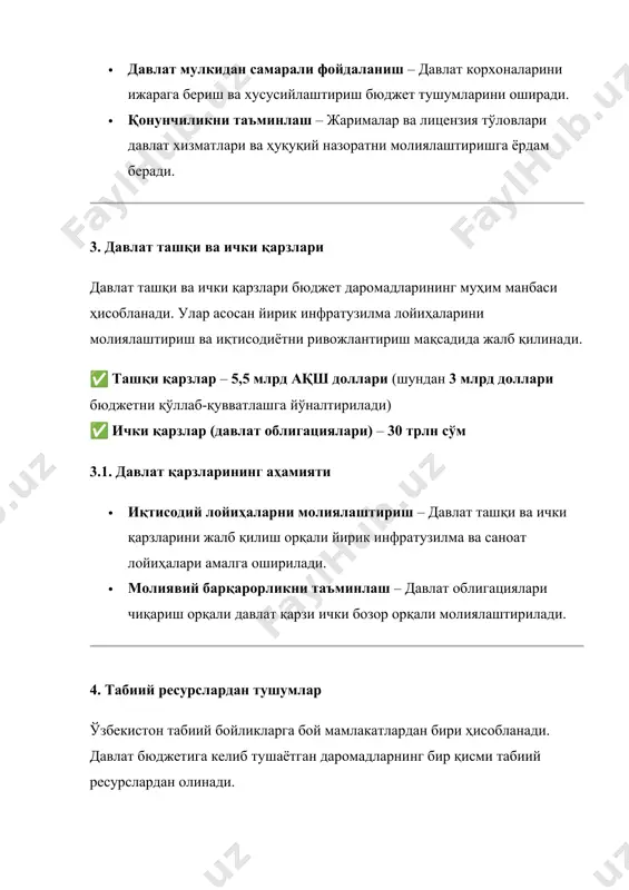 30 табиий ресурслардан тушумлар 18 жами 308,5 бу маблағлар мамлакатнинг иқтисодий барқарорлигини таъминлаш, ижтимоий дастурларни қўллаб-қувватлаш ва инфратузилмани ривожлантириш учун йўналтирилади. бюджет даромадларининг тўғри бошқарилиши ўзбекистоннинг иқтисодий ўсишини ва аҳоли фаровонлигини таъминлашда муҳим аҳамиятга эга. 2.савол: бюджет харажатларининг асосий йўналишлари қандай ва улар ўзбекистонда қай тарзда амалга оширилмоқда? давлат бюджети харажатлари мамлакатнинг ижтимоий-иқтисодий ривожланишини таъминлаш учун стратегик молиявий восита ҳисобланади. бюджет харажатлари жамиятнинг турли соҳаларини ривожлантиришга йўналтирилади, жумладан, таълим, соғлиқни сақлаш, инфратузилма, иқтисодиёт, мудофаа ва экологик тадбирлар. ўзбекистонда 2025 йил учун давлат бюджети харажатлари 344,8 трлн сўм миқдорида режалаштирилган бўлиб, бу маблағлар қуйидаги асосий йўналишларга ажратилади. 1. ижтимоий соҳа ижтимоий соҳани қўллаб-қувватлаш давлат харажатларининг энг муҳим йўналиши ҳисобланади. 1.1. таълим ўзбекистонда таълим соҳасига бюджет харажатларининг катта қисми йўналтирилади. · 2025 йилда таълим учун 84,3 трлн сўм ажратилиши кўзда тутилган. · янги мактаблар қуриш, мавжуд таълим муассасаларини таъмирлаш ва замонавий жиҳозлар билан таъминлаш учун 13 трлн сўм сарфланади. · ўқитувчилар маошини …