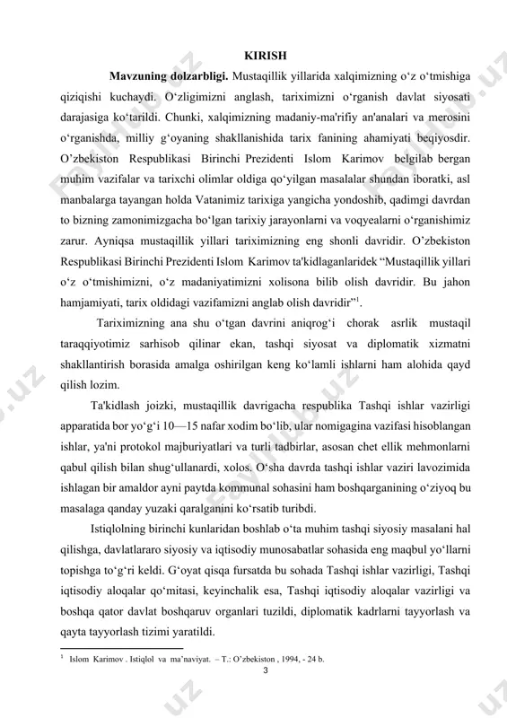 r bilan teng huquqli va o‘zaro manfaatli munosabatlar o‘rnatishimizga imkoniyat yaratdi”[footnoteref:2]. [2: islom karimov. hozirgi bosqichda demokratik islohotlarni muvofiqlashtirishning muhim vazifalari. – t.: o’zbekiton , 1996. – 3 b.] “o‘zbekiston respublikasining davlat mustaqilligi asoslari to‘g‘risida”gi o‘zbekiston respublikasi qonunining 13-moddasida e'tirof etilishicha, “o‘zbekiston respublikasi chet davlatlar bilan diplomatik, konsullik, savdo aloqalari va boshqa aloqalarni o‘rnatadi, ular bilan muxtor vakillarni ayirboshlaydi, xalqaro shartnomalar tuzadi, xalqaro tashkilotlarning a'zosi bo‘lishi mumkin”[footnoteref:3]. mazkur me'yor o‘zbekiston respublikasi konstitutsiyasida ham yanada rivojlantirilib, konstitutsiyaning 17-moddasi 2-qismida respublika davlatning, xalqning oliy manfaatlari, faravonligi va xavfsizligini ta'minlash maqsadida ittifoqlar tuzish, hamdo‘stliklarga va boshqa davlatlararo tuzilmalarga kirish va ulardan ajralib chiqish mumkinligi nazarda tutiladi. [3: o’zbekiston respublikasining davlat mustaqilligi asoslari to’g’risidagi o’zbekiston respublikasi qonuni // inson huquqlari . - t.: o’zbekiston , - 246 b.] mustaqillikka qadar yurtimizda birorta ham xorijiy davlat elchixonasi yo‘q edi. hozirgi vaqtda chet ellarda mamlakatimizning 48 ta diplomatik vakolatxonasi bor. o‘zbekistonda esa 86 ta elchixona va …