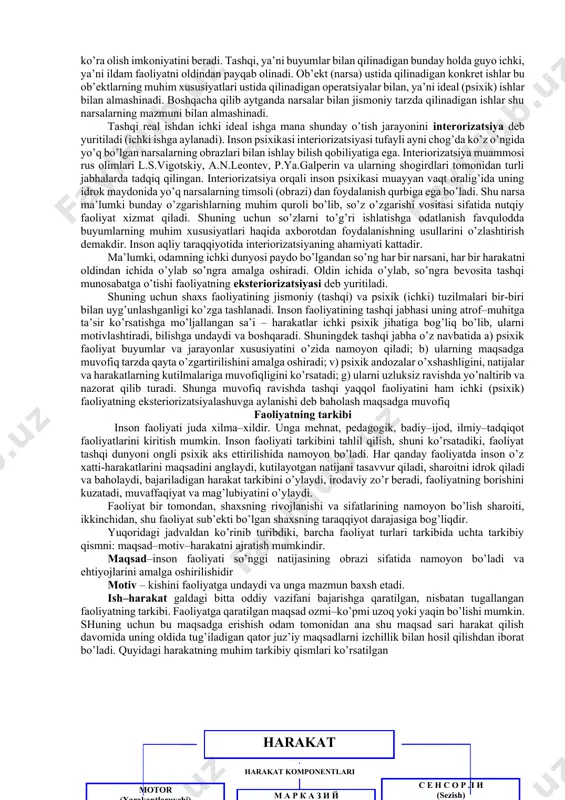 rniga ko’ra ahamiyatlidir. ko’rgazmali – yaqqol vaziyatlar bilan boshqariladi predmet va hodisalarni mavhum-lashtirish, ular o’rtasidagi sababiy bog’lanish va munosabatlarni aniqlash mumkin. irsiy jihatdan mustahkamlangan dastur (instinkt)lar asosidagi xatti-harakatlar, ko’nikmalar yakka tartibda hosil bo’lib hayvonning yashash uchun tashqi sharoitlarga moslashishi sifatida namoyon bo’ladi. tajribani berish va o’zlashtirish muloqotning ijtimoiy vositalari (til va boshqa belgilar tizimi) yoki moddiy madaniyat mahsulotlari orqali amalga oshiriladi. yordamchi qurollar, vositalar yasashi mumkin, ammo undan qurol sifatida doimo foydalanmaydi. bir qurol yordamida boshqa qurol yasay olmaydi. mehnat qurollari yasab, uni keyingi avlodlariga ham qoldirishi mumkin. turli predmet va qurollardan foydalanib, yangi qurol va vositalar yarata oladi. tashqi muhitga moslashadi o’z ehtiyojlariga muvofiq tarzda tashqi dunyoni o’zgartiradi. biroq odam, masalan, dastgohni ochlik ehtiyojini qondirish uchun boshqarmaydi. inson faoliyatining mazmuni jamiyat talab qiladigan biron mahsulotni tayyorlash maqsadi bilan belgilanadi. faollik manbai bo’lgan faoliyat yaxshi anglab olingan maqsad bilan belgilanadi. yuqoridagi jadvalda inson faoliyati bilan hayvonlar hatti-harakati o’rtasidagi farqlar aks …