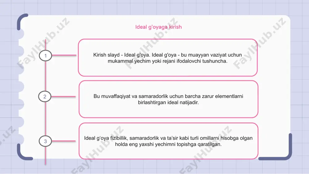 lga oshirilishi mumkin. ideal g‘oyani amalga oshirishdagi qiyinchiliklar ideal g'oyani amalga oshirish cheklangan resurslar, manfaatdor tomonlar tomonidan qo'llab-quvvatlanmaslik va o'zgarishlarga qarshilik kabi turli omillar tufayli qiyin vazifa bo'lishi mumkin. asosiy muammolardan biri - bu ideal g'oyani mavjud jarayonlar va tizimlar bilan moslashtirish zarurati, bu muhim o'zgartirishlar va investitsiyalarni talab qilishi mumkin. bundan tashqari, xodimlar va manfaatdor tomonlar o'rtasida ideal g'oyaning keng tarqalishini ta'minlash qiyin bo'lishi mumkin, chunki u samarali muloqot, trening va o'zgarishlarni boshqarish strategiyalarini talab qilishi mumkin. 1 2 3 harakatdagi ideal g'oyaning muvaffaqiyatli namunalari amaldagi ideal g'oyani apple iphone kabi muvaffaqiyatli misollarda ko'rish mumkin. iphone mobil telefon sanoatida inqilob yaratgan yangi mahsulot edi. uning zamonaviy dizayni, intuitiv foydalanuvchi interfeysi va innovatsion xususiyatlari smartfonlar uchun yangi standartni o'rnatdi. biznes uchun ideal g'oyaning oqibatlari ideal g'oya - bu biznes uchun transformativ ta'sirga ega bo'lgan kontseptsiya. ideal g‘oyani tushunish va qabul qilish orqali korxonalar innovatsion va bozorda raqobatbardosh bo‘lishi mumkin. ideal …