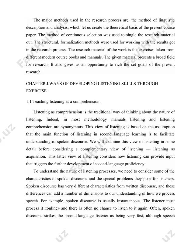 er utterances in conversation generally consist of several coordinated clauses. most of the clauses used are simple conjuncts or adjuncts. also, spoken texts are often context-dependent and personal, assuming shared background knowledge. lastly, spoken texts may be spoken with many different accents, from standard or non-standard, regional, non-native, and so on*. listening involves a sender (a person, radio, and television), a message, and a receiver (the listener). listeners often must process messages as they come, even if they are still processing what they have just heard, without backtracking or looking ahead. in addition, listeners must cope with the sender’s choice of vocabulary, structure, and rate of delivery. the complexity of the listening process is magnified in second language contexts, where the receiver also has incomplete control of the language. _____________________ bragg, melvyn (2004). the adventure of english: the biography of a language. arcade publishing. isbn 1-55970-710-0. given the importance of …