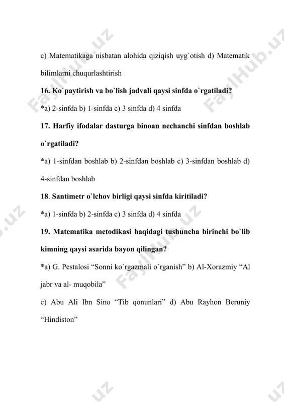 davrining asosiy vazifasi nimalardan iborat? *a) raqamlashni organishga otish uchun zarur boladigan bilimlar, malakalar va konikmalarni aniqlash b) 1—10 ta son haqidagi tasavvur shakllantirish c) sonlar qatorini hosil qilish d) 1 dan 10 gacha sonlar ketma-ketligini tola ozlashtirish